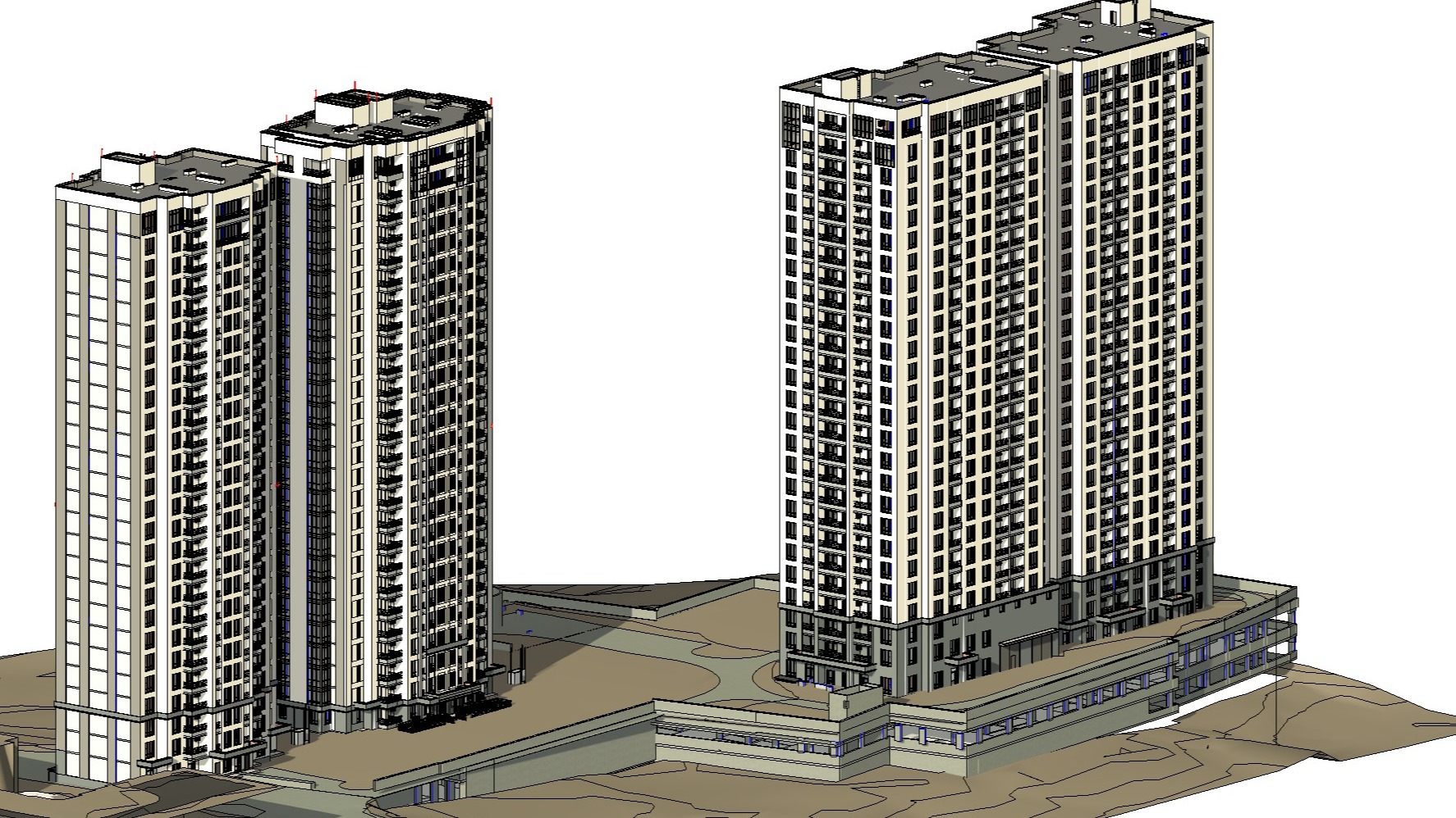 Complex balcony and railing detailing coordination within the BIM model of a multi-family residential building