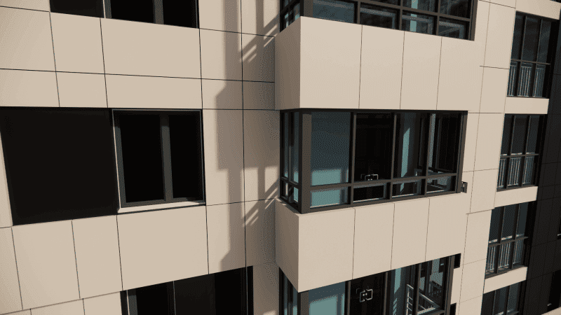 Close-up view of the balcony panels.
