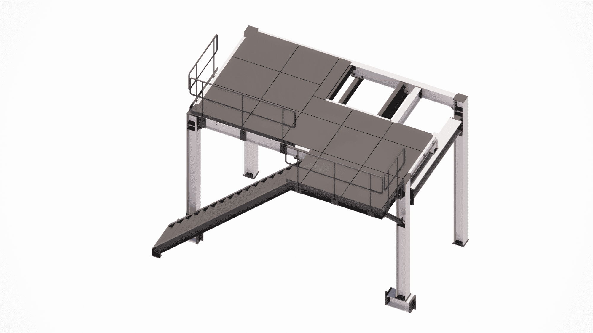 3D modeling of industrial mezzanines and platforms with safety railings and kick plates compliant with OSHA