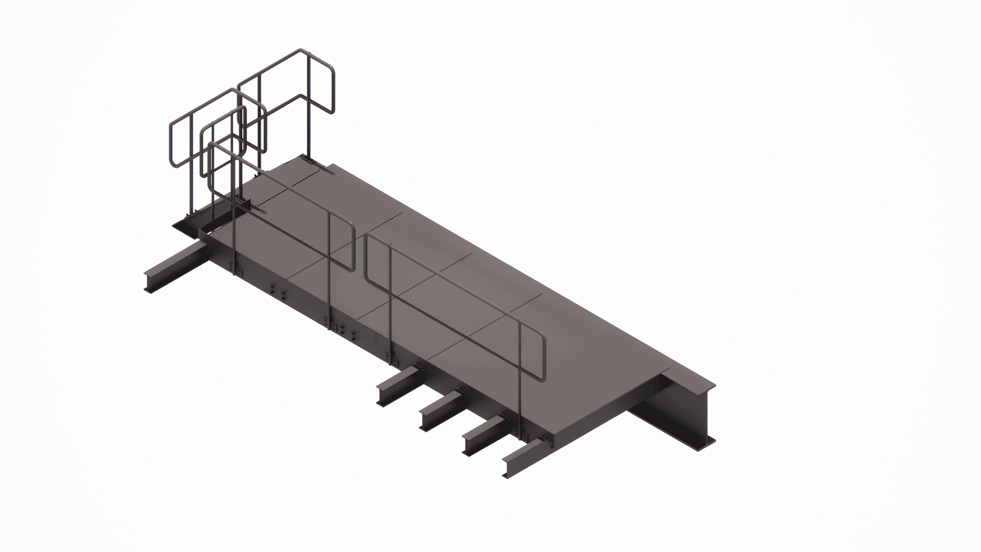 Detailed steel structure modeling with connections and stiffeners of an industrial platform with safety railings and stairs