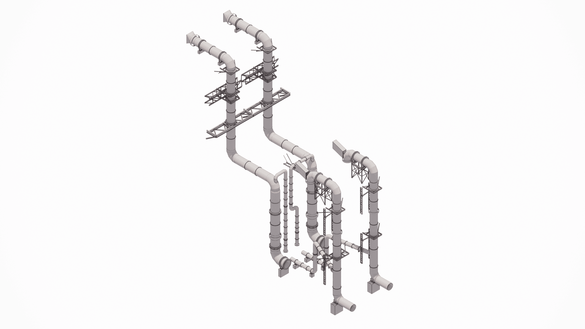 Tekla modeling of steel gas ducts with precise connection elements for mounting onto an existing building structure