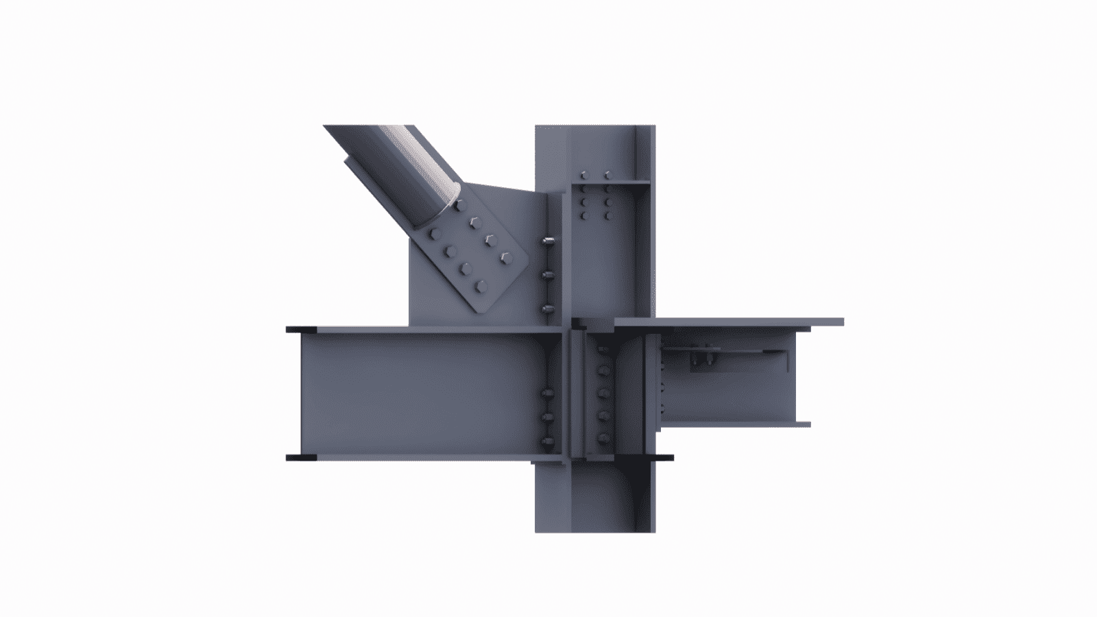 Close-up view of a complex beam-to-column connection (moment connection) using stiffeners to ensure seismic stability