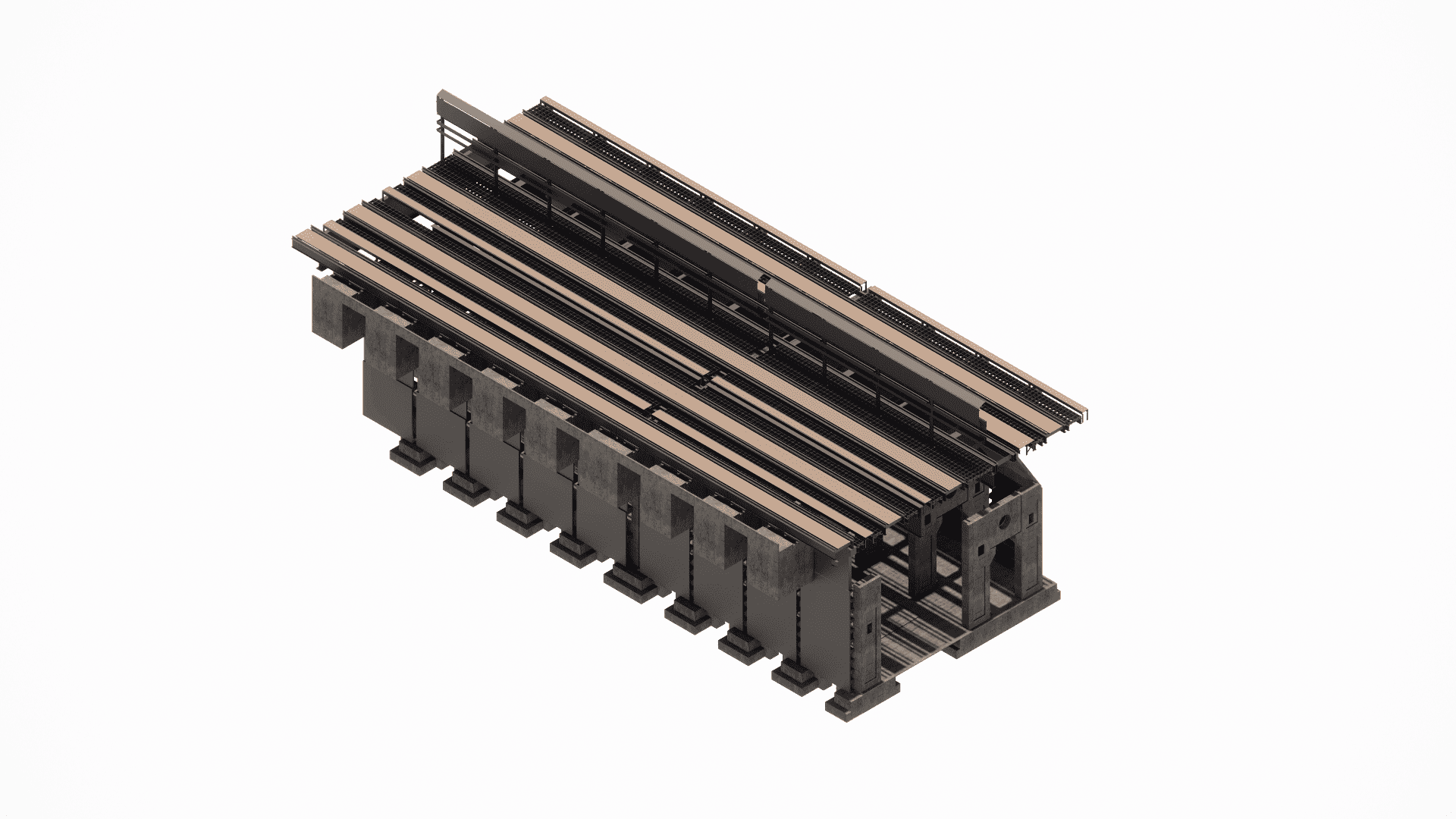 General 3D model view of the massive underground reinforced concrete bunker complex and transfer structure, designed for rail car dumping.