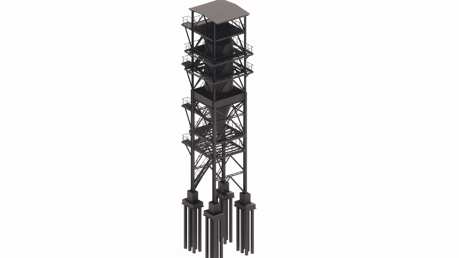 Structural design of steel frameworks for mounting vertical storage tanks, including detailing of foundation rings and anchors