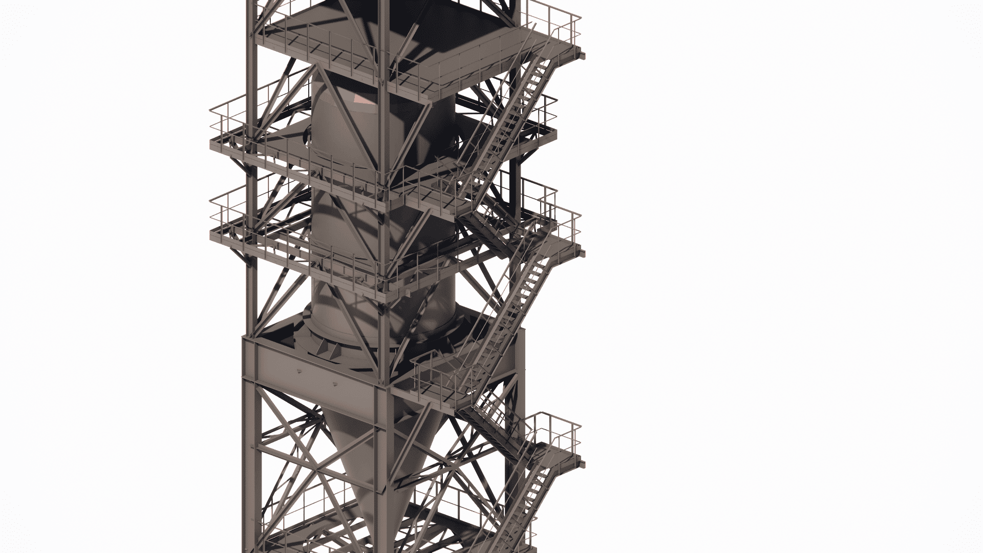 Close-up: Connection nodes for vertical tank attachment to the main steel frame, detailing anchor groups and stiffeners