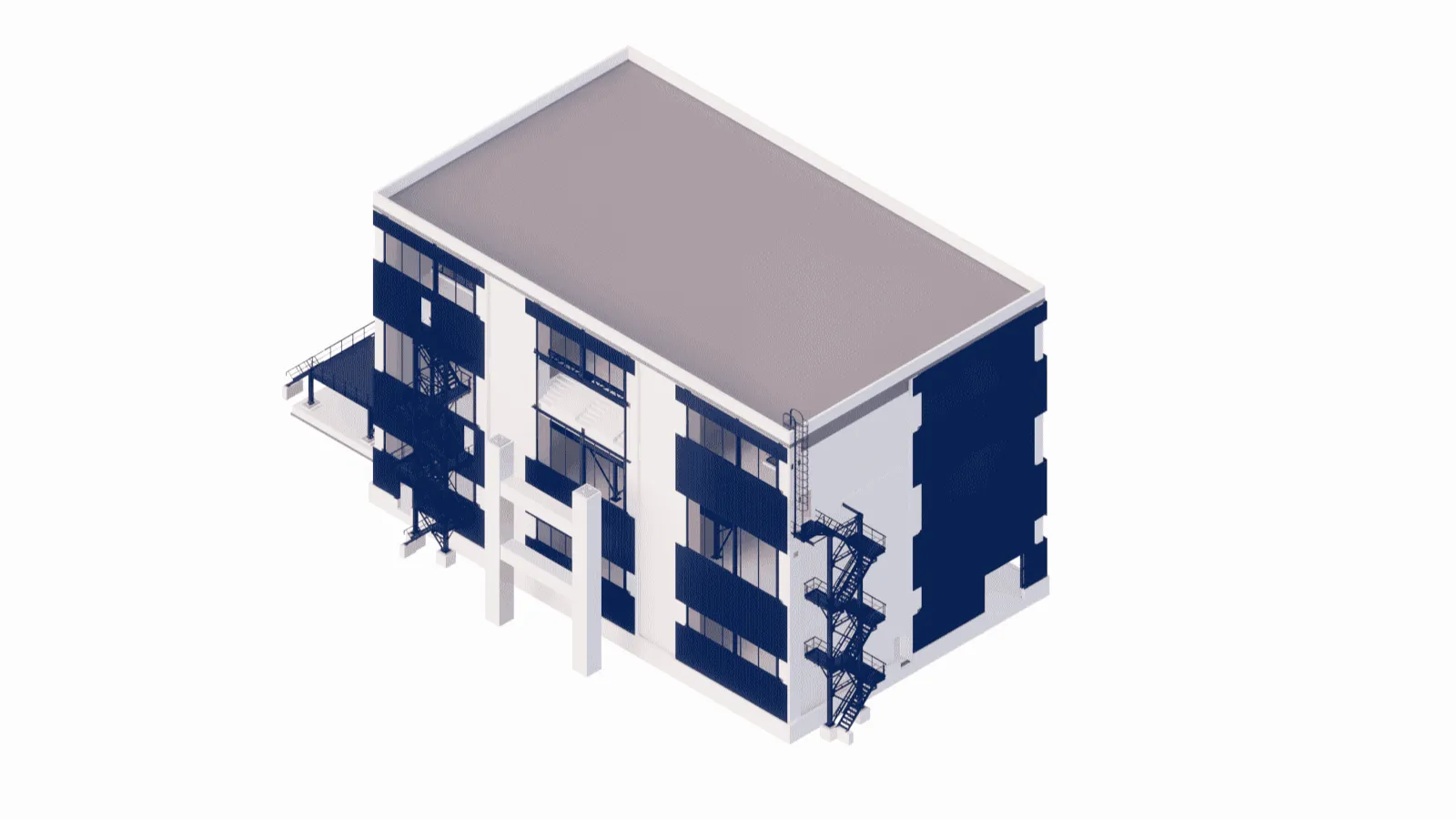 Structural design view of the monolithic concrete frame of a three-story crushing facility, detailing thick slabs, columns, and shear walls