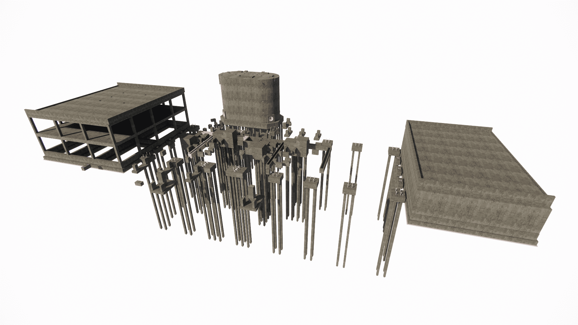 Structural design of the pump station complex, illustrating the concrete foundations and administrative parts of the building