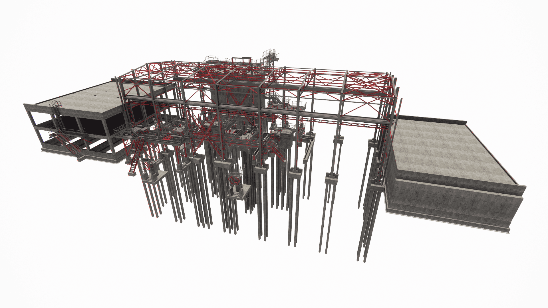 Structural detailing of the reinforced concrete core walls supporting the administrative section, adjacent to the steel-framed pump hall