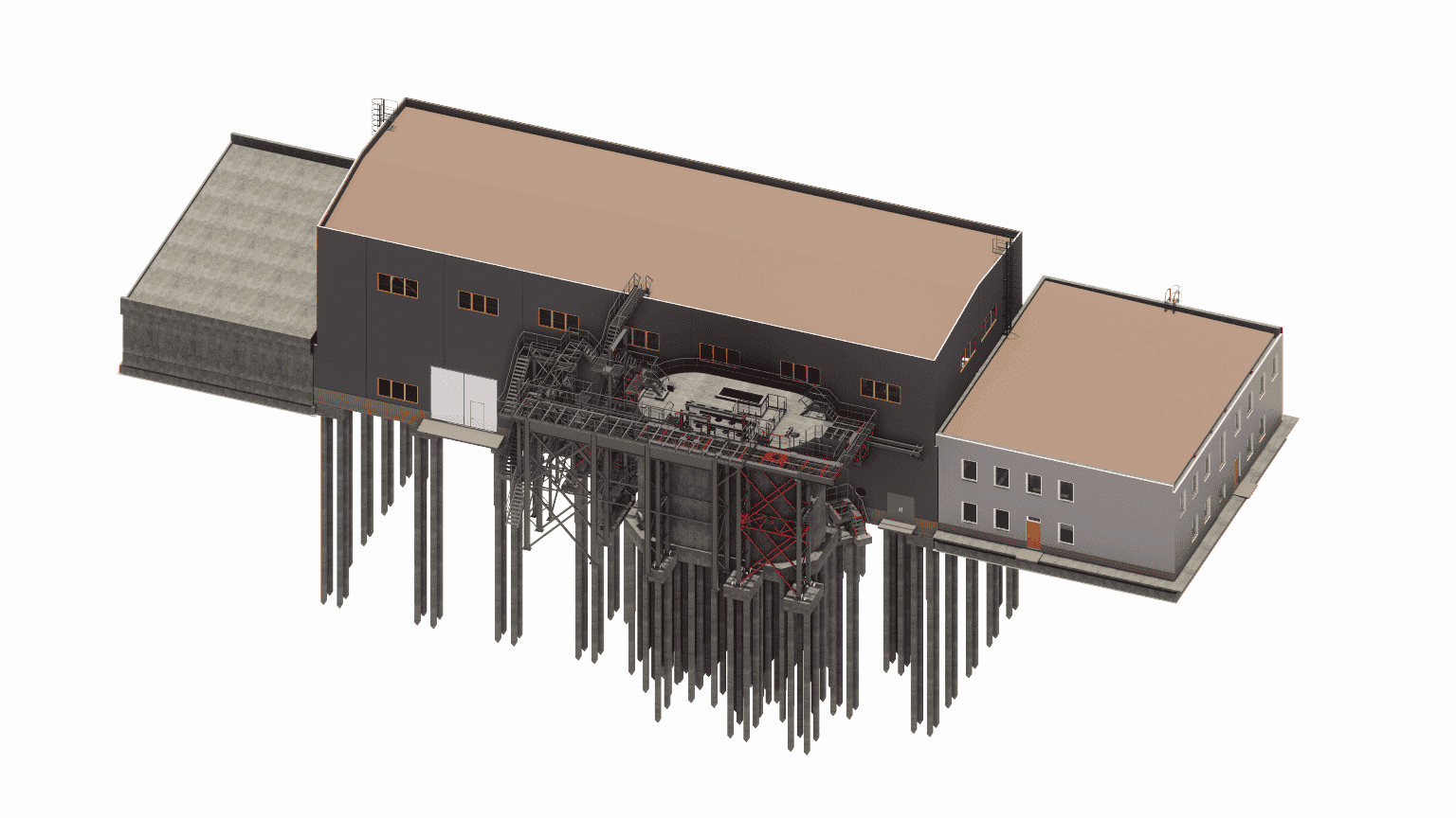General view of the pump station building with a mixed structure, integrating auxiliary administrative offices.