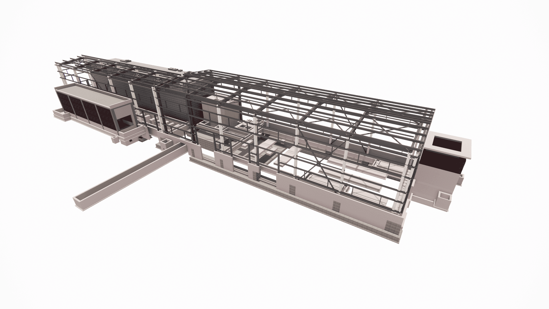 Structural model detailing the foundation interface with the steel framework of the production building, highlighting anchor bolt locations and base plates.