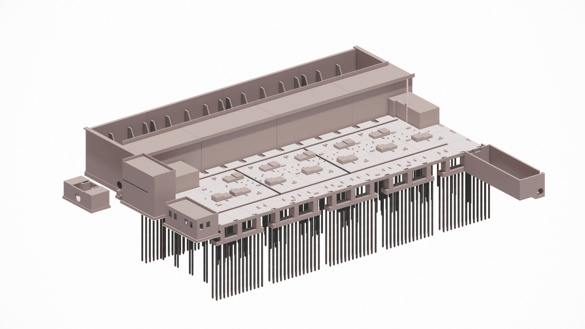 Revit Model focusing on the complex foundation layout of the facility and the integrated concrete water tank