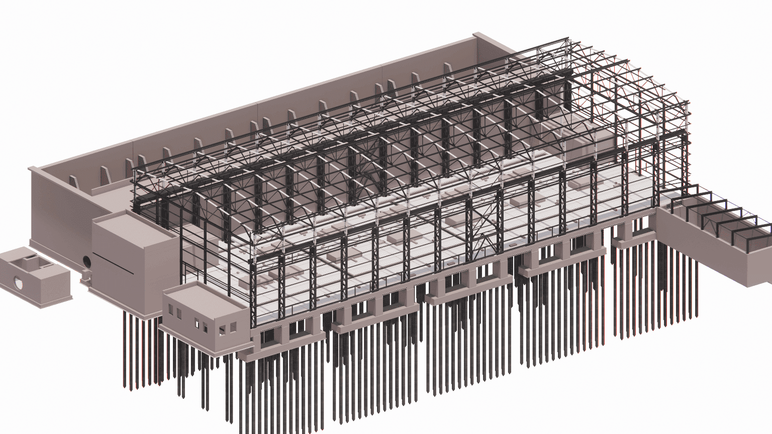 Structural design of a large steel frame for a pump station building, considering high equipment loads and operational vibration analysis