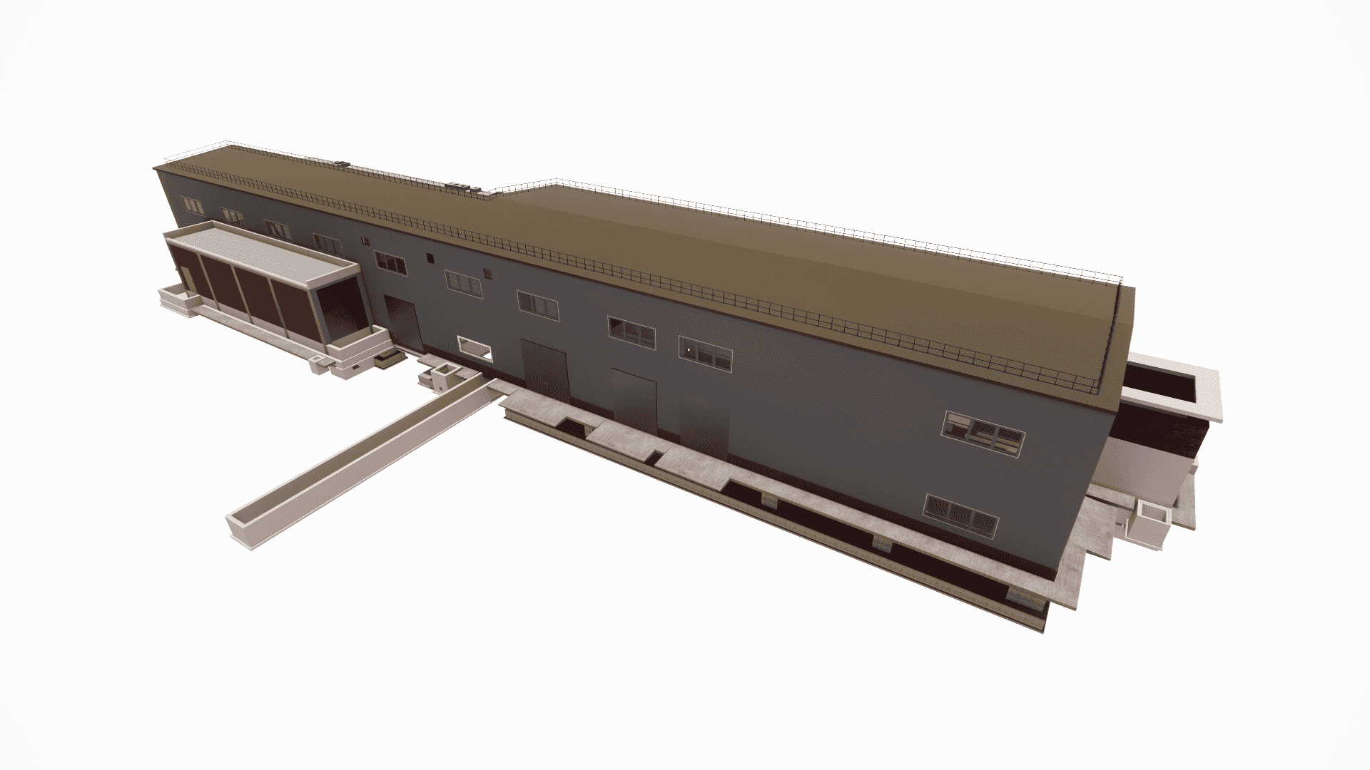 Architectural rendering of the production facility showing finished facade walls, roof lines, and window placement over the structural frame