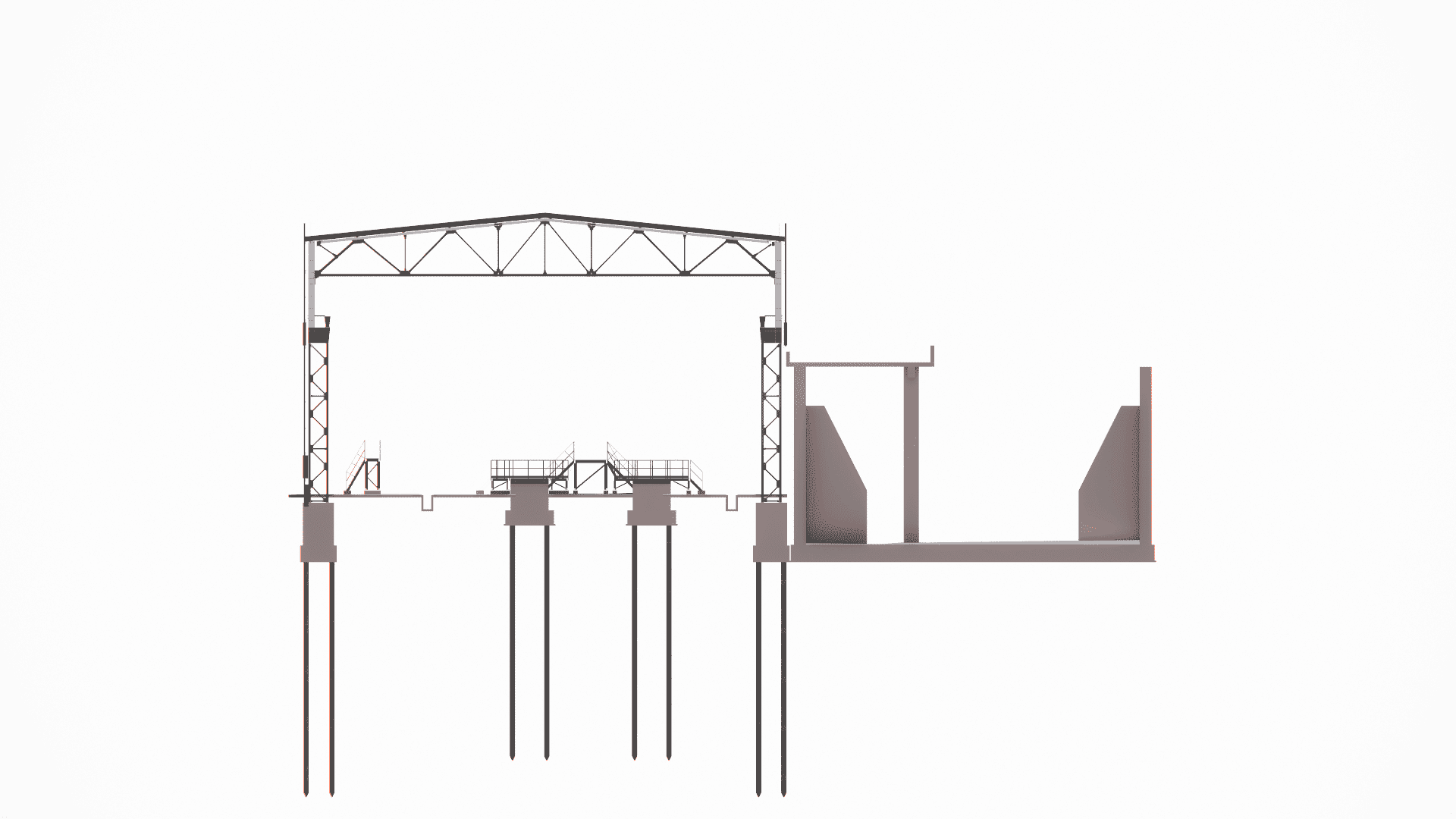 The Section view on the production building, emphasizing the relationship and proximity of the main structure to the large monolithic water reservoir