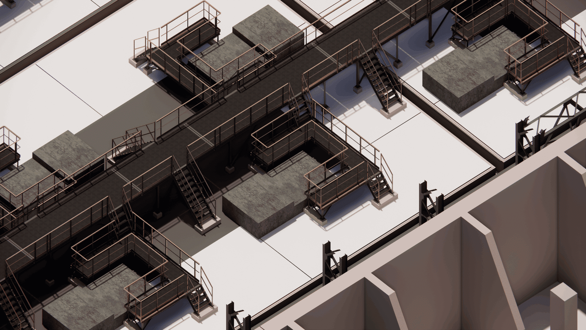 Close-up view of the steel-to-concrete foundation interface in a pump station, detailing steel transition catwalks