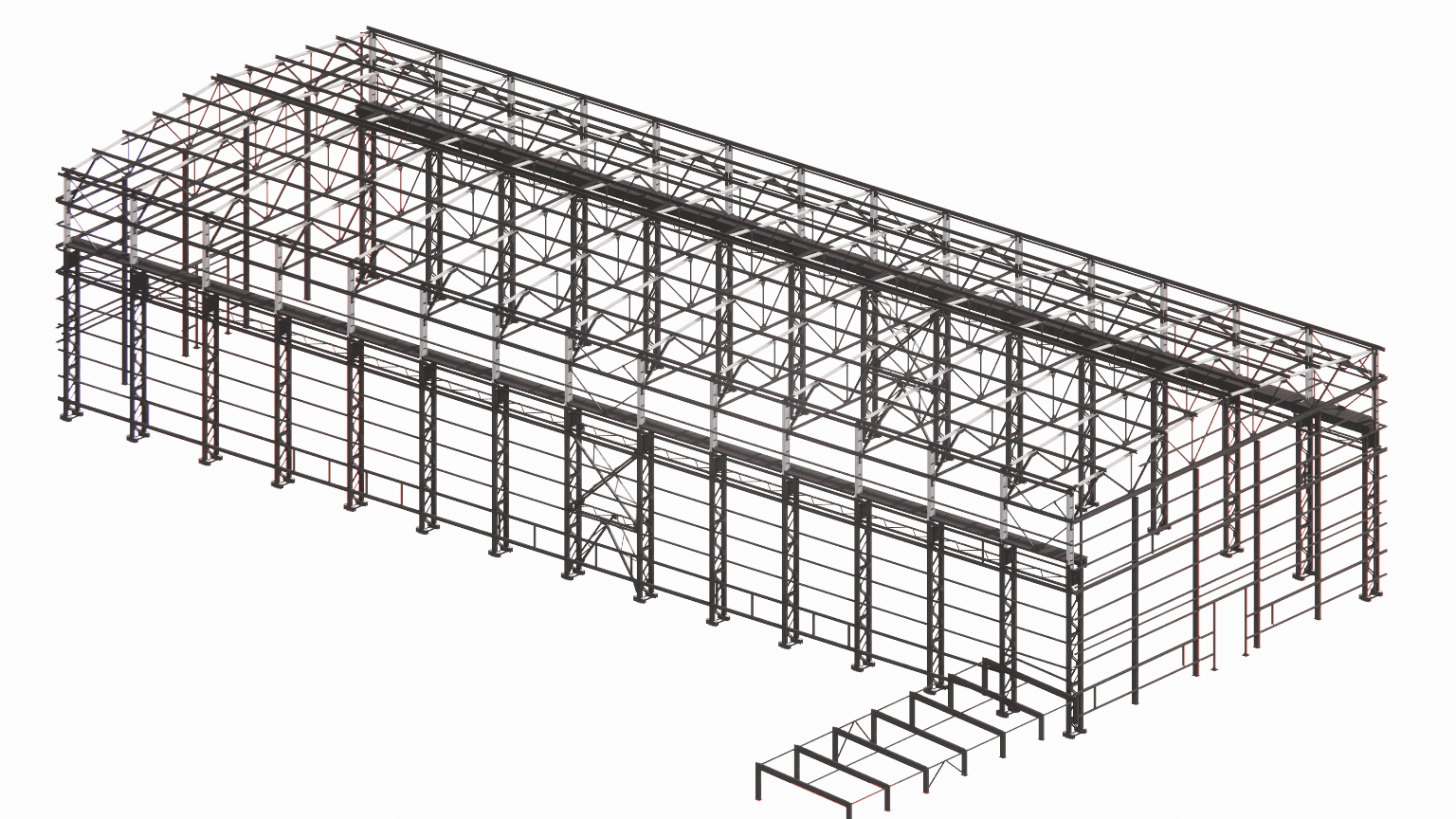 General view of a single-story steel warehouse building frame, detailing the primary columns, roof trusses, and bracing systems