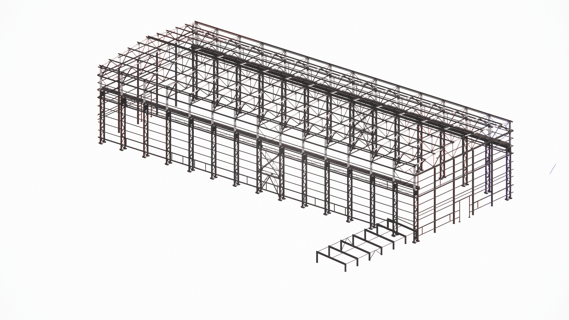 General view of an industrial workshop frame in Tekla, detailing trusses and crane beams for USA projects