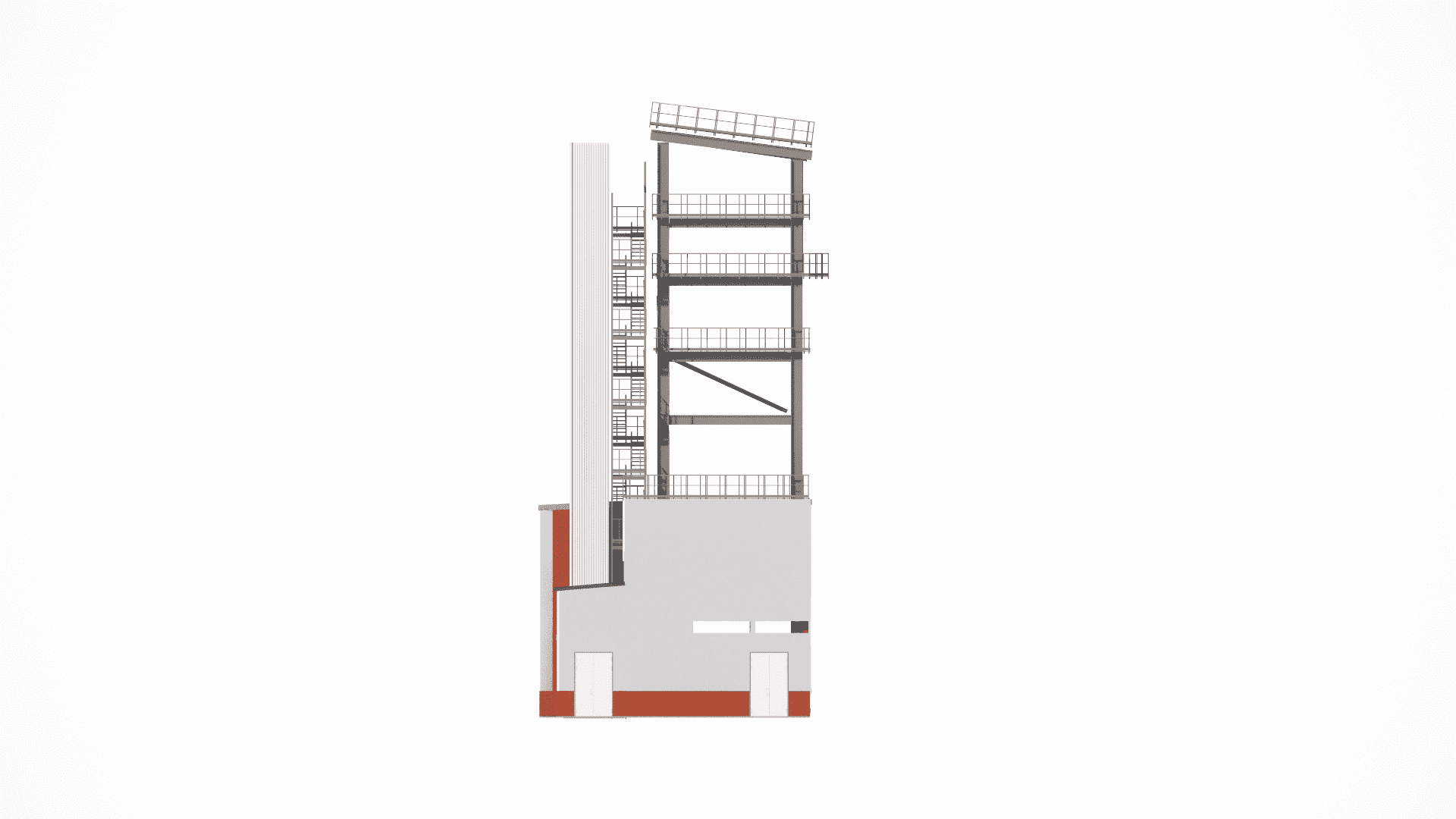 Close-up view of the column-to-beam connection at an intermediate floor level in the 4-story steel frame, including detailing for cladding support