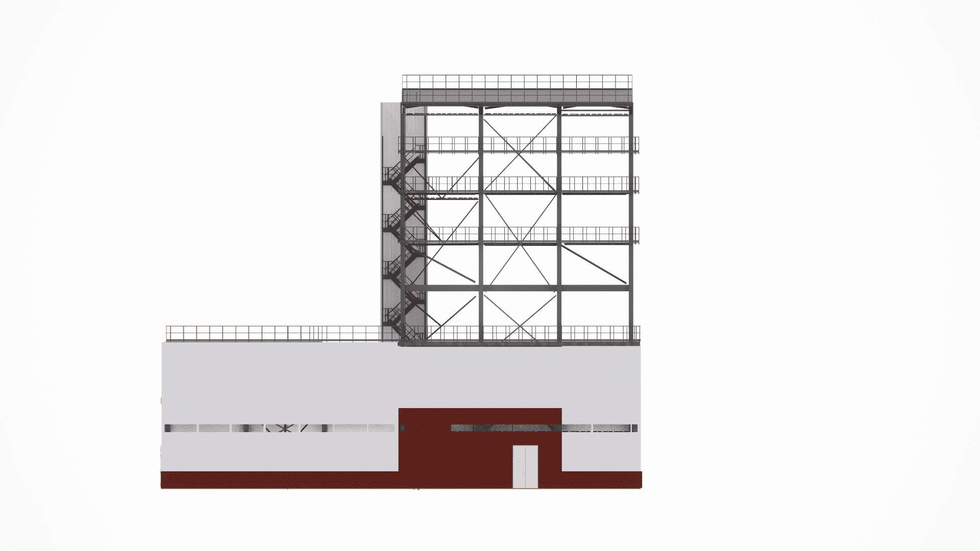 BIM model (Tekla/Revit) of the 4-story technological building, showcasing the integration of the steel frame, floor slabs, and facade panel system