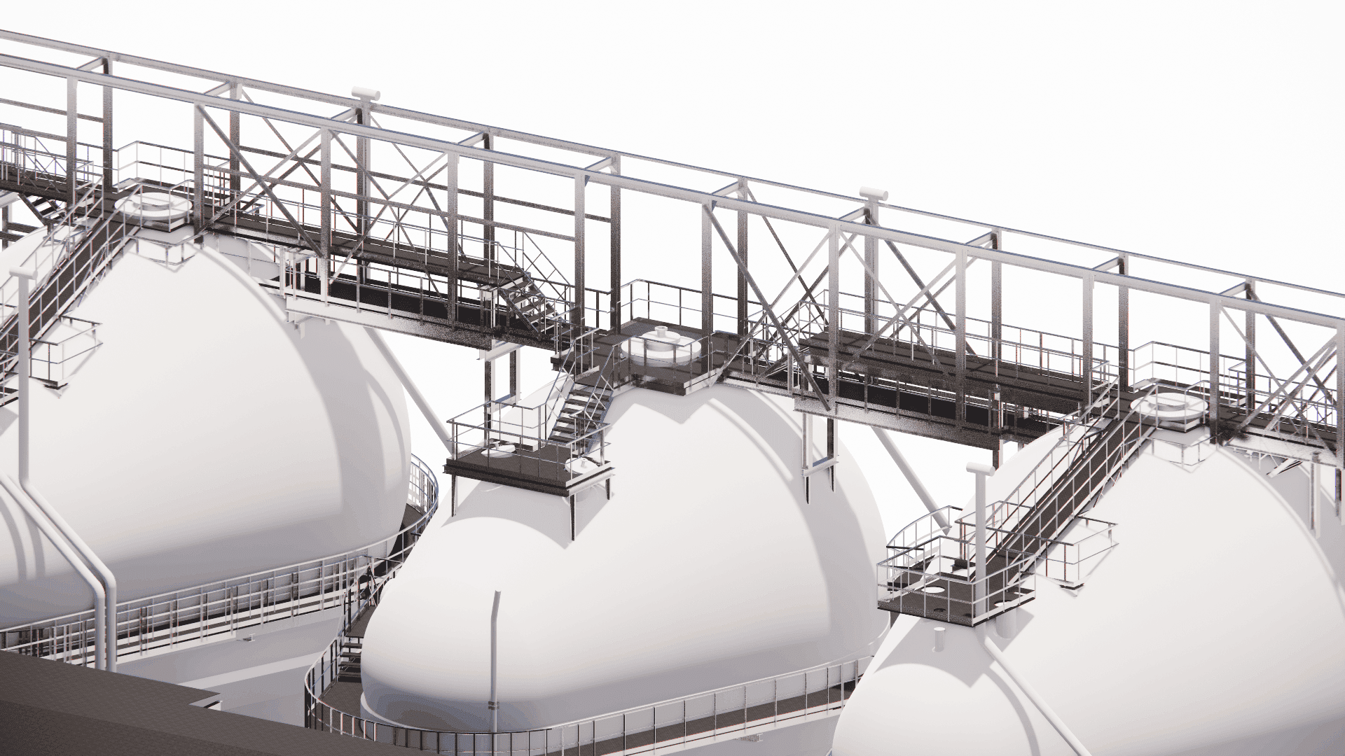Close-up of the upper-level steel service platforms and railings for maintenance access to the hot blast stove combustion equipment