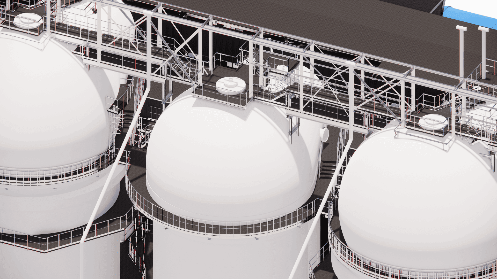 Detailed view of the high-elevation steel platforms, detailing non-slip grating, kick plates, and ladder connections for operator safety