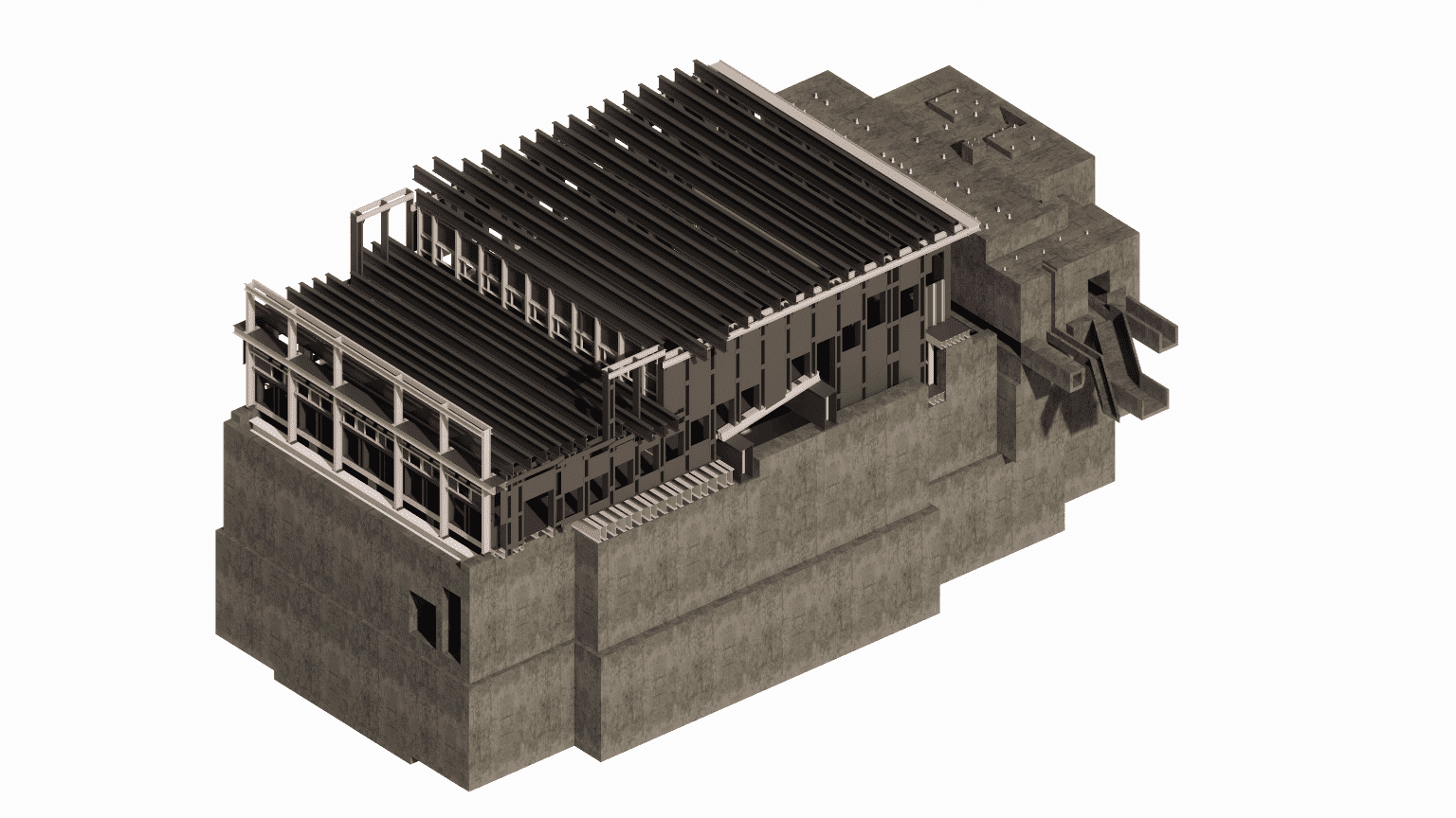 BIM modeling and structural design of the steel framework supporting the reheating furnace structure for a rolling mill, accounting for high thermal loads and expansion
