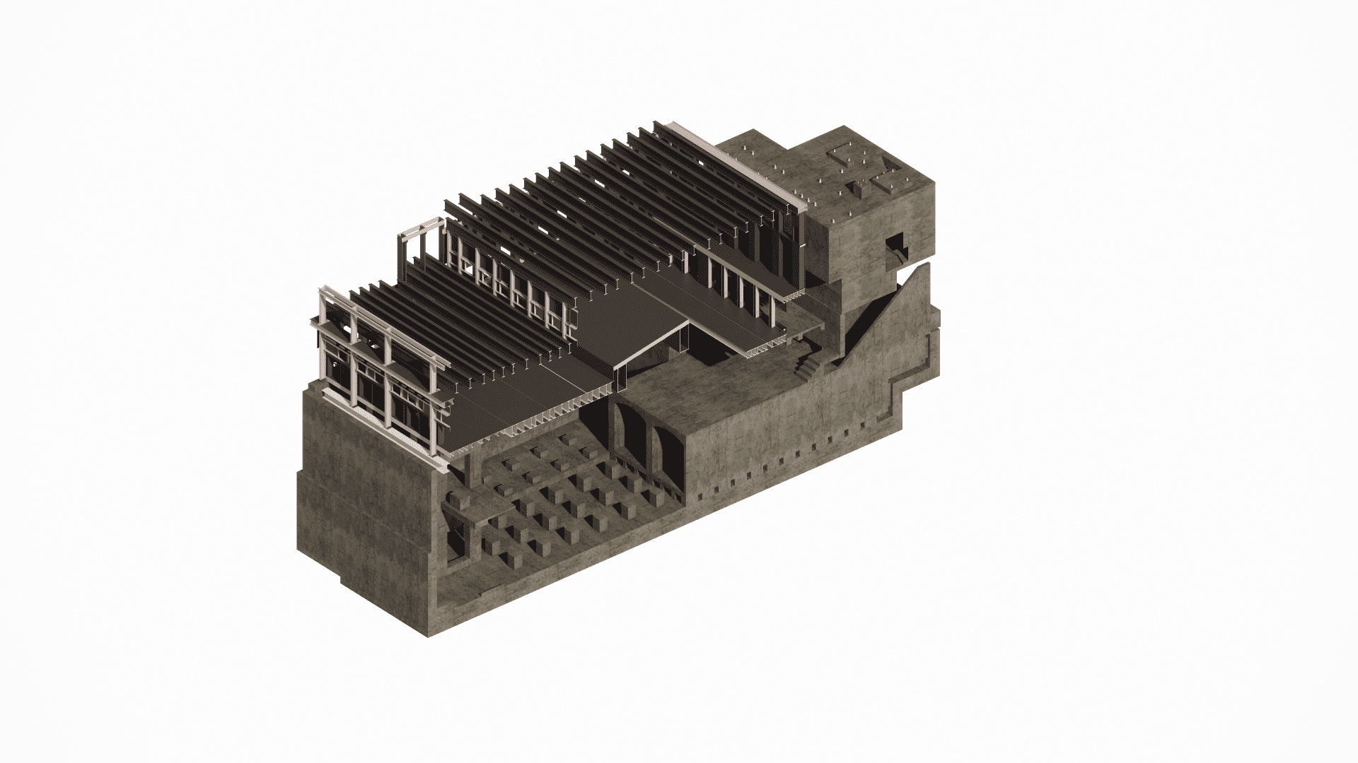 Detailed section view of the monolithic furnace structure, showing concrete walls thickness and reinforcement detailing around the combustion chamber area