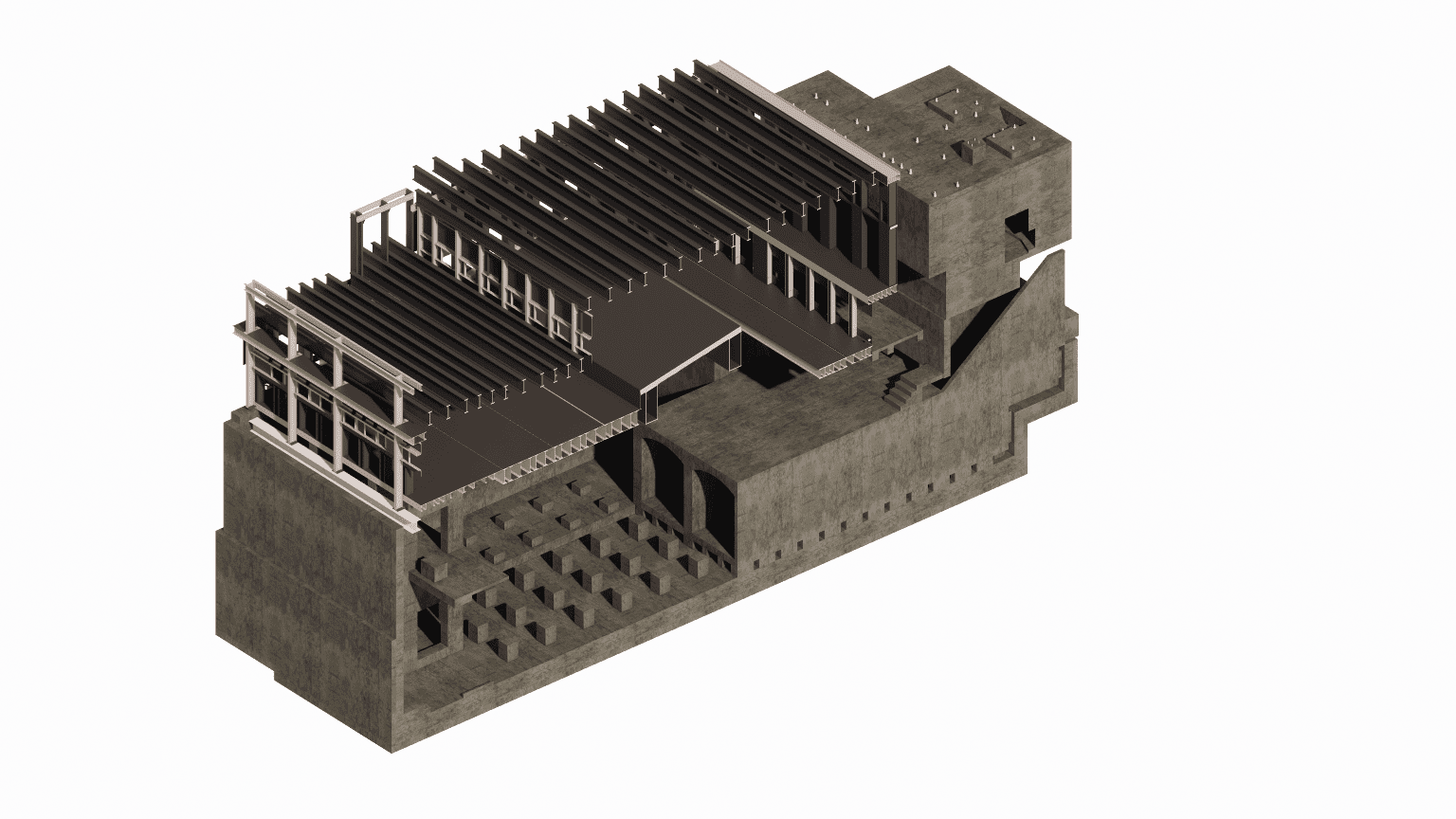 Detailed view of the steel support system and integrated service platforms around the industrial reheating furnace, detailing refractory lining support and access points