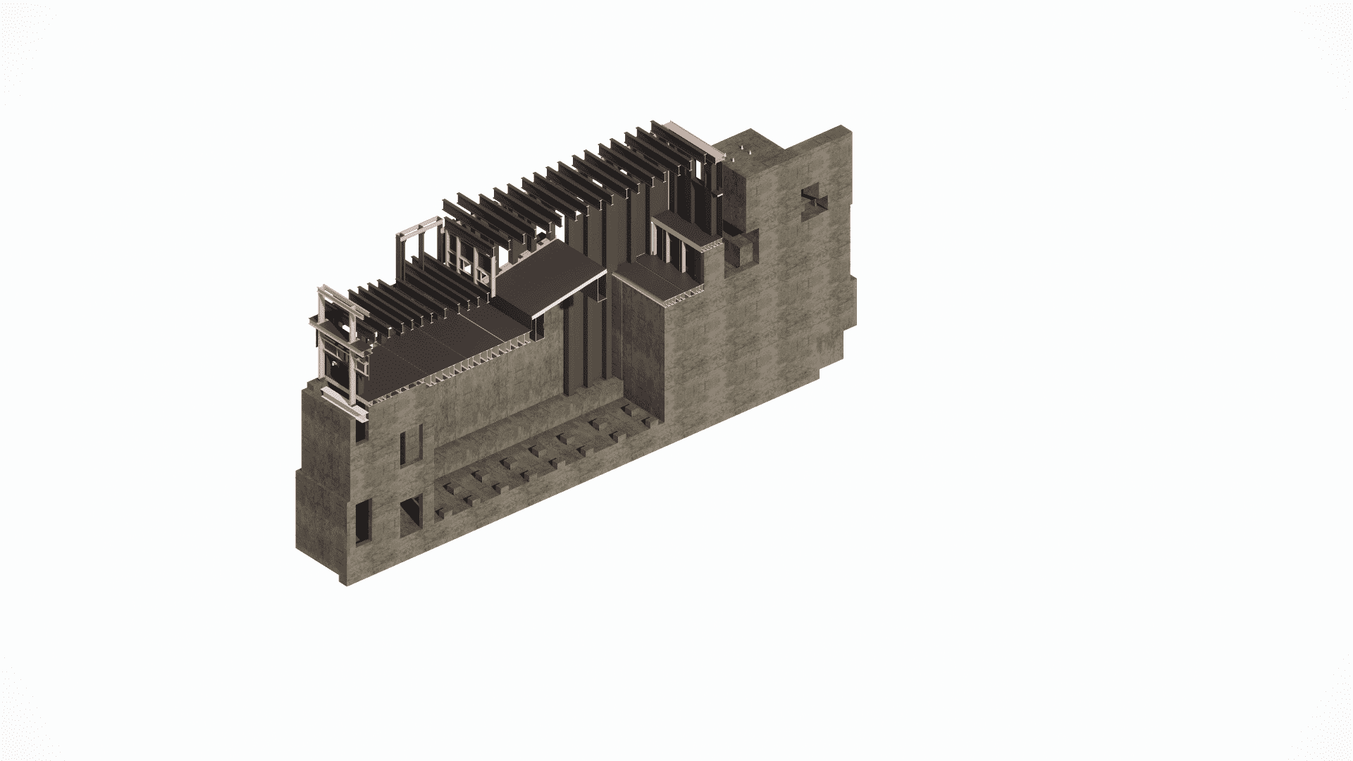 Section view illustrating the massive reinforced concrete foundation and pit area beneath the furnace, designed to handle extreme operational temperature gradients