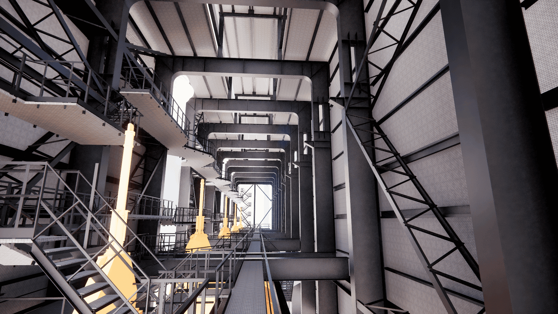 Detailed view of internal service platforms and transition catwalks within an industrial structure, showing integrated access stairs and safety barrier design