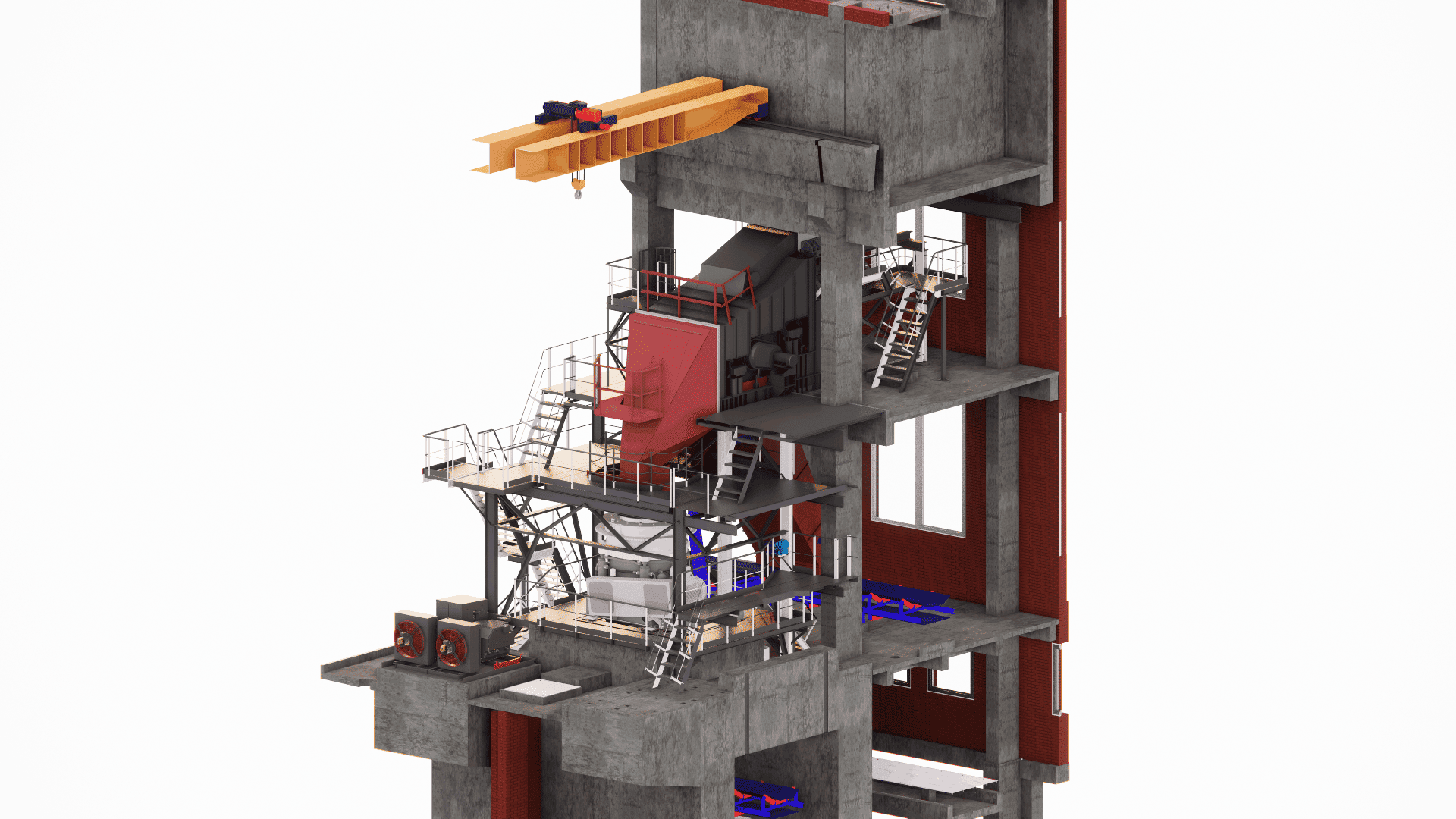 Structural design of secondary steel support frames for crushers and screening equipment in a mineral processing plant, considering high dynamic loads