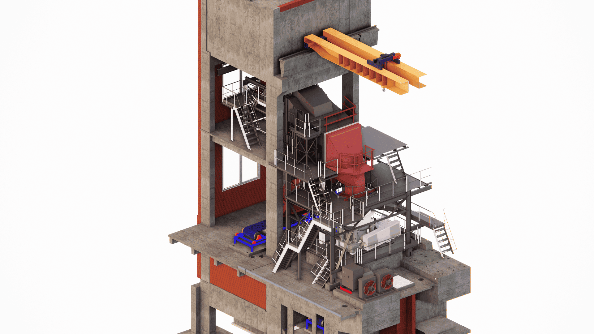 BIM modeling of maintenance platforms and access walkways around bulk material crushing equipment, detailing bolted connections to the main structure