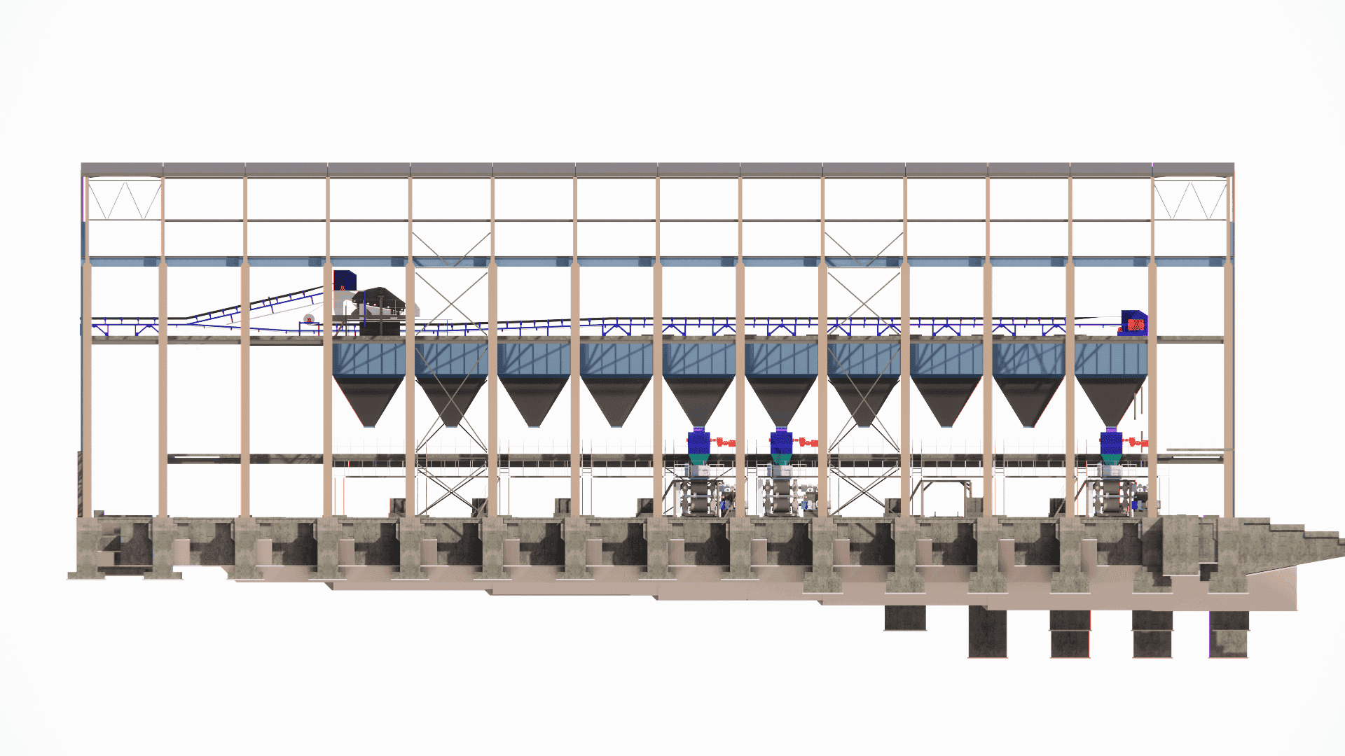 BIM model of the internal structure, highlighting the steel support system for the storage bunkers and integrated maintenance platforms at various levels