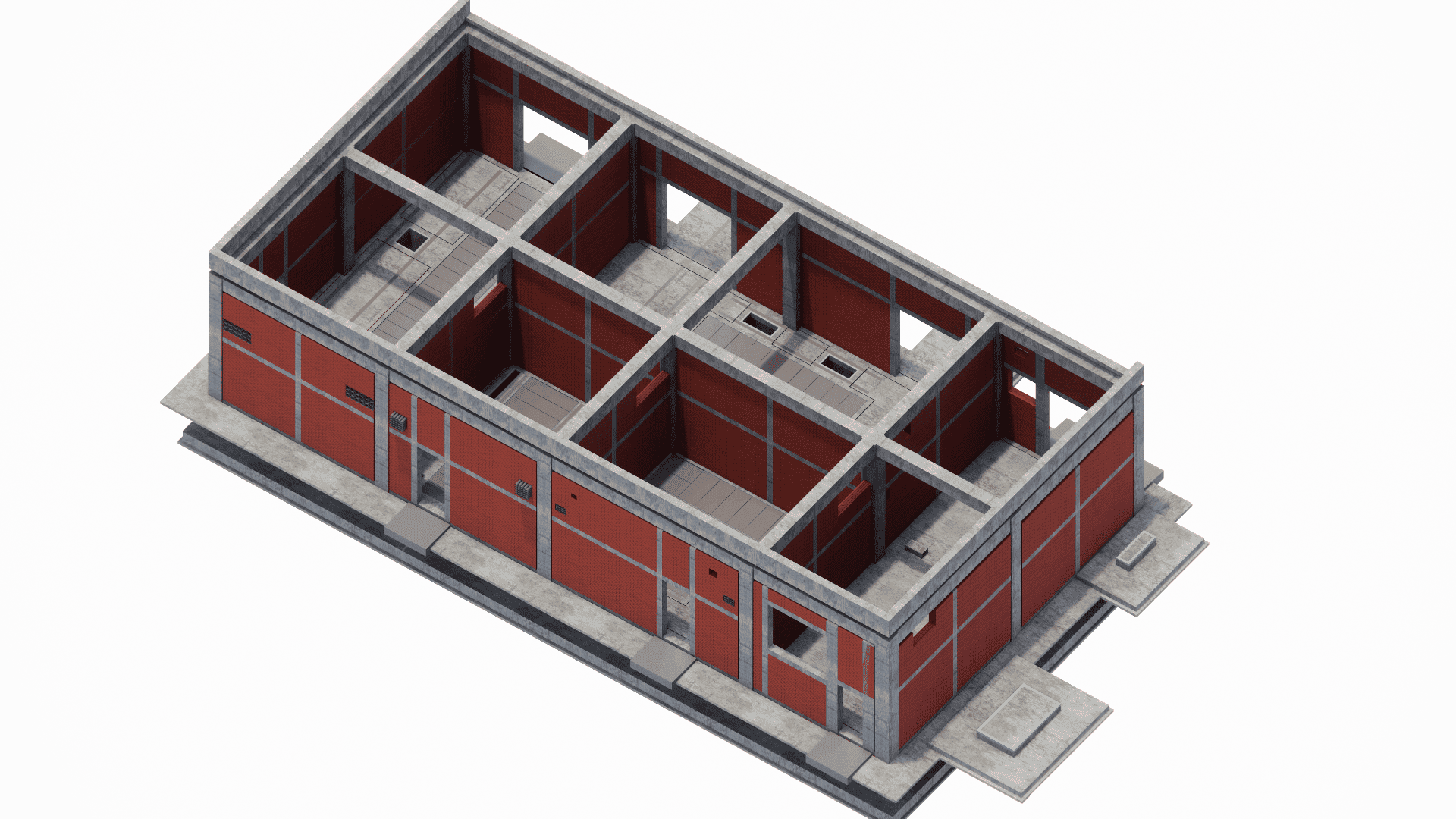 Detailed structural cutaway of the substation, highlighting the equipment supports, cable trenches, and internal concrete dividing walls