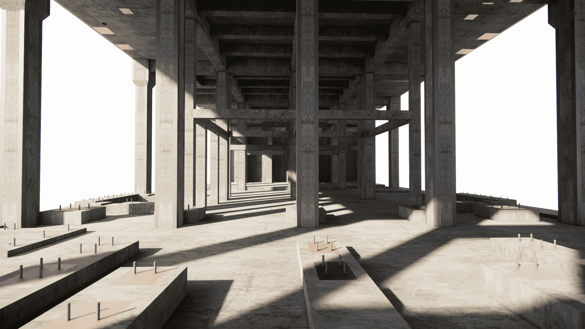 Detailed view of the columns interface with the foundation system of the technological frame
