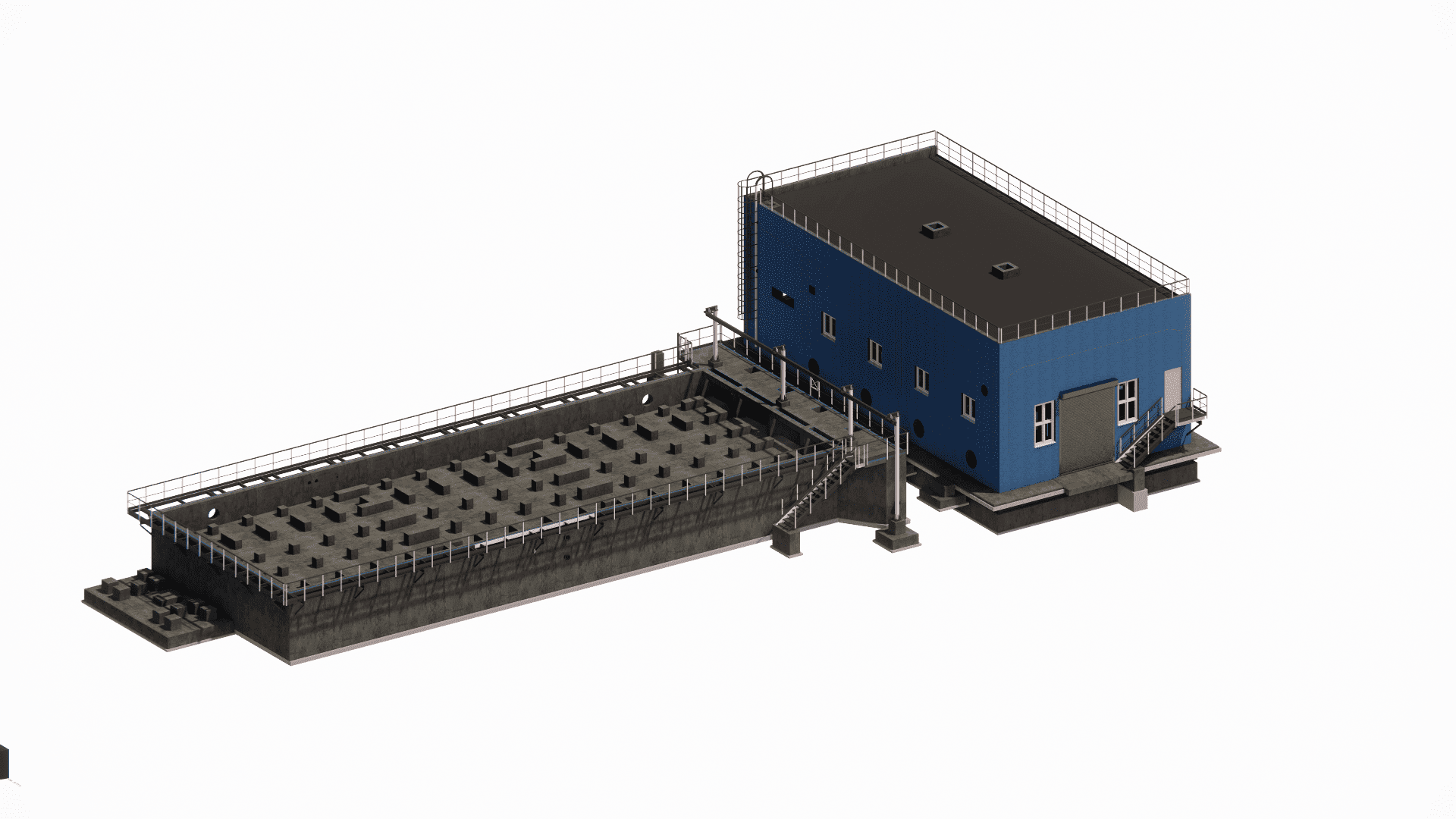 Revit 3D model of the concrete structure for the heat apparatus building, emphasizing robust beams and columns necessary to resist high operational vibrations