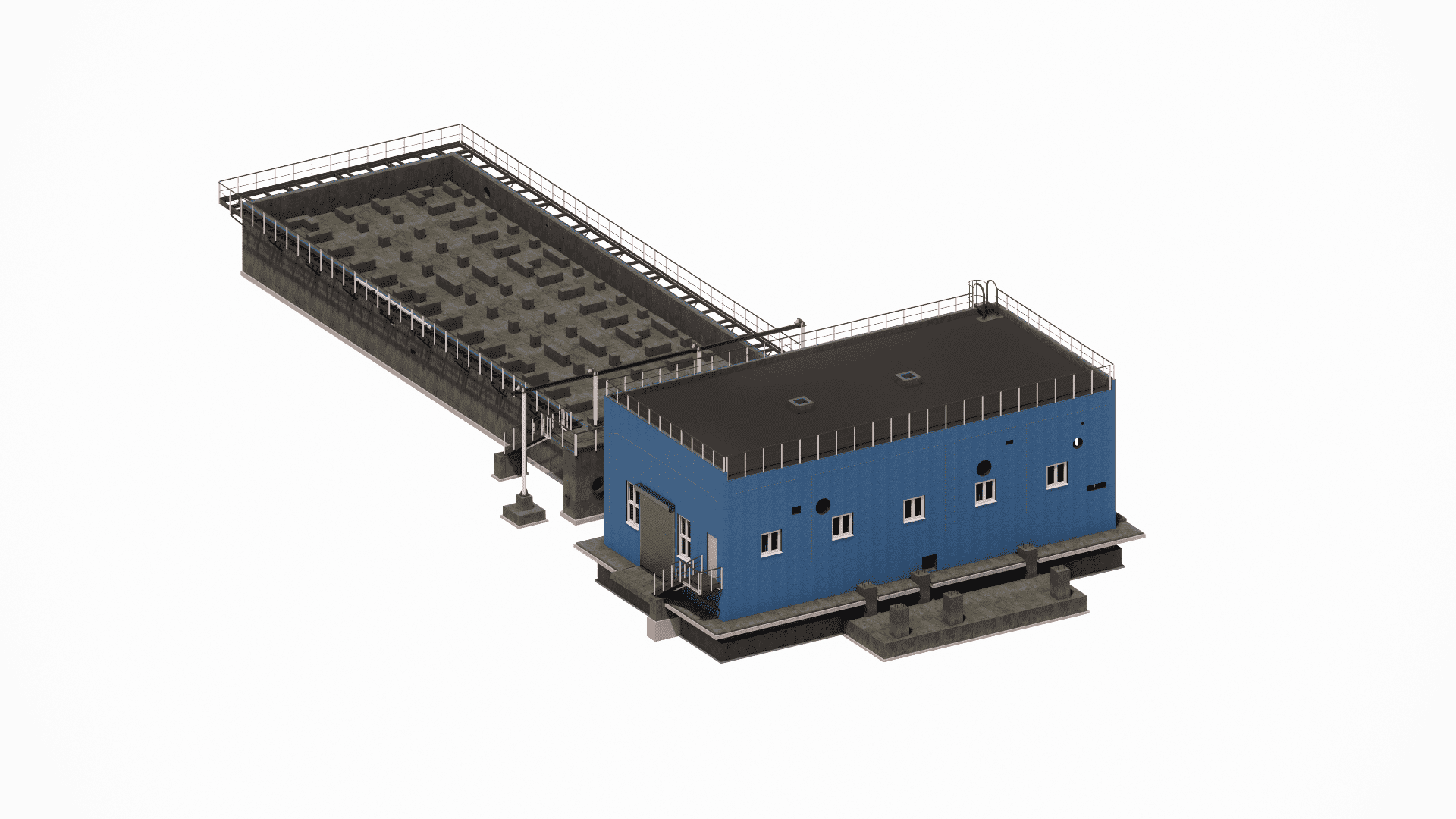 General structural view of the multi-story reinforced concrete technological frame, designed for heavy heat exchange equipment