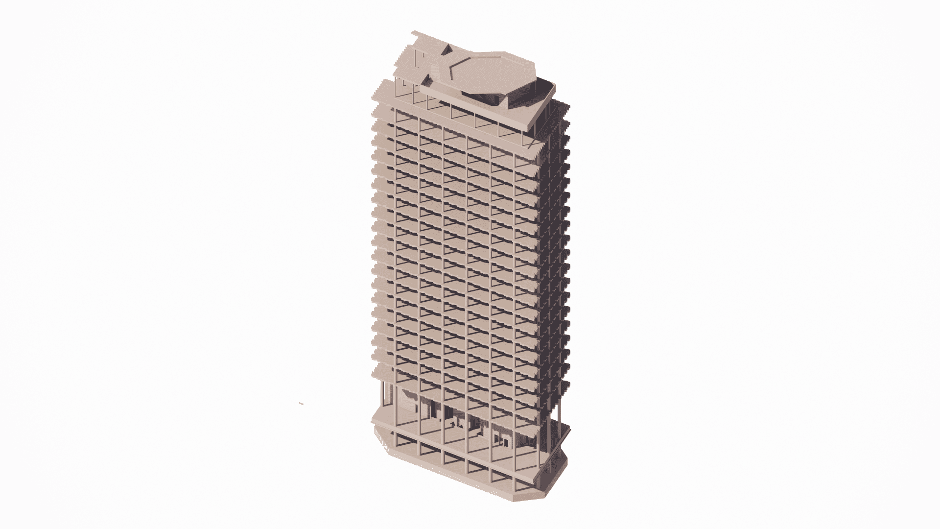 Revit 3D model of a multi-story residential building's monolithic reinforced concrete frame, showing columns, beams, and floor slabs prior to facade installation