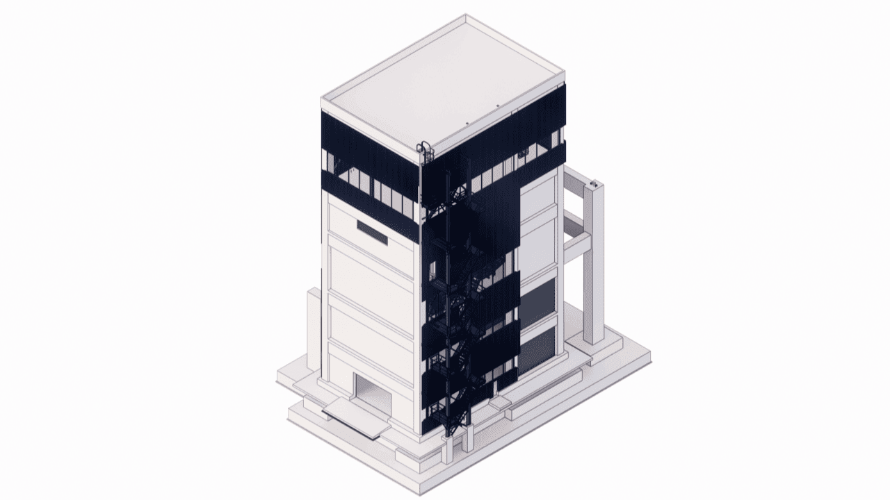 General view of the five-story concrete structure, illustrating the distinct floor levels designed to receive and transfer materials from various conveyor systems