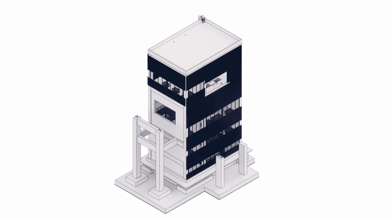 Structural analysis view of the five-story monolithic structure, focusing on the columns and shear walls resisting dynamic conveyor loads and wind forces