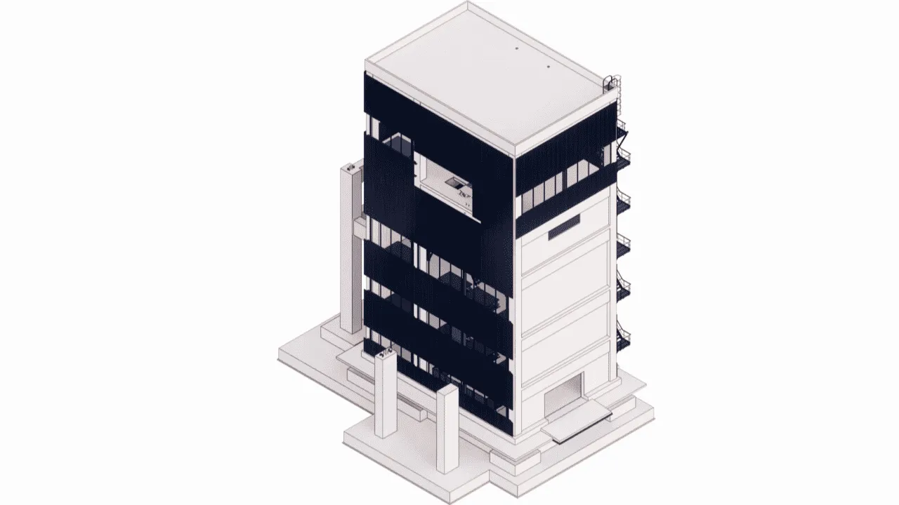 Detailed Revit view of the reinforced concrete floor slabs and openings at the transfer levels, designed to accommodate conveyor chutes and machinery