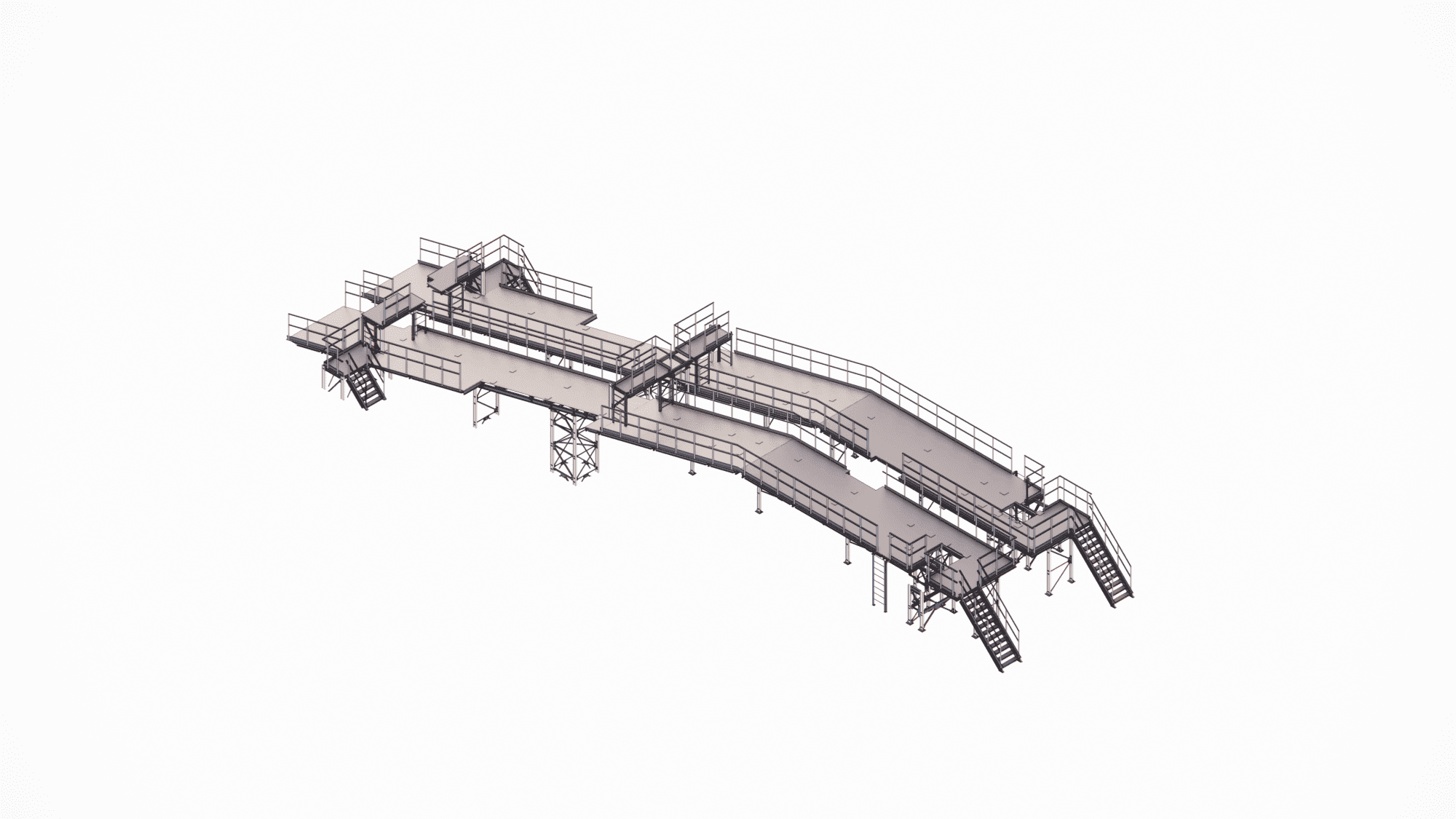 Detailed view of a technological steel platform supporting a conveyor line (conveyor support platform), modeled in Tekla