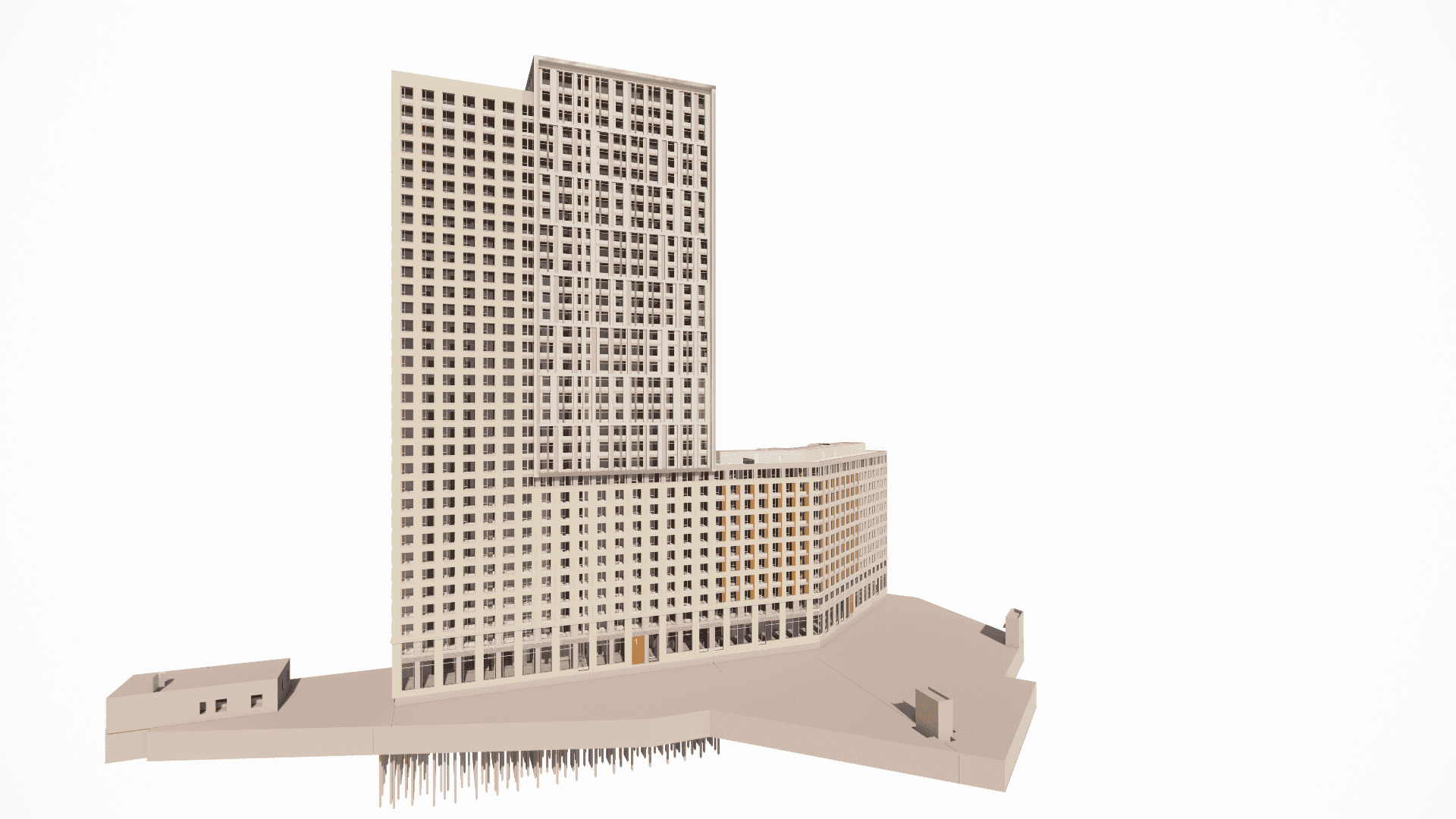 High-rise building with complex facade system, modeled in Revit