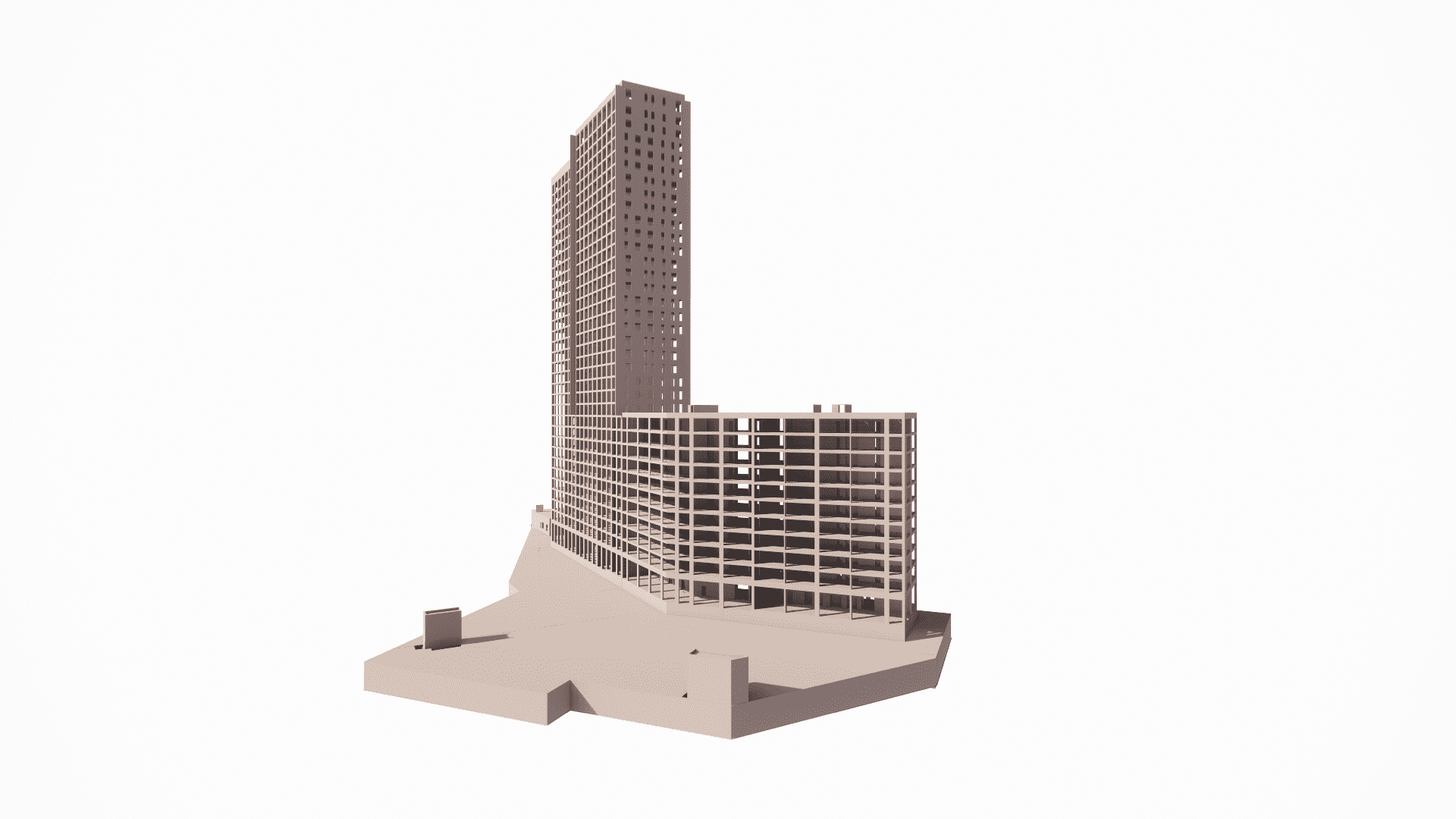 Structural Revit model of the multi-story residential building, illustrating the robust monolithic concrete frame above and the wide, low-level parking structure beneath