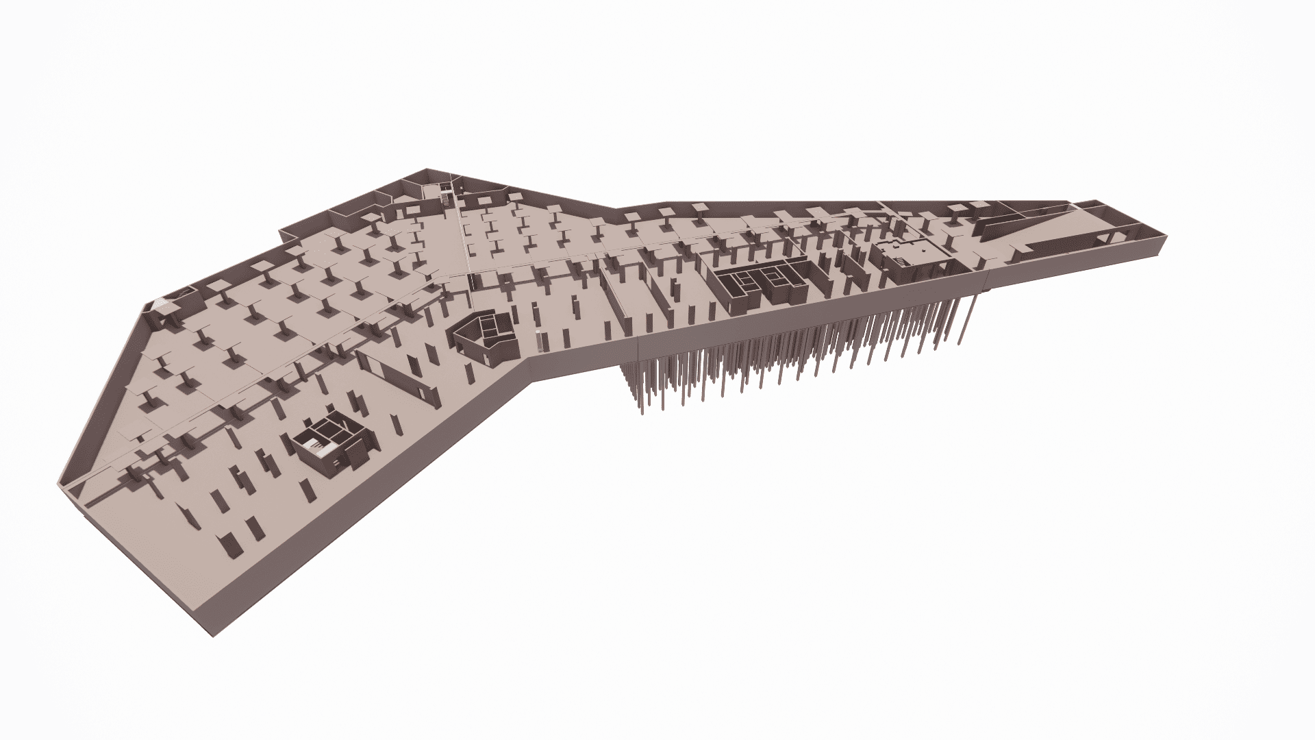 Horizontal section view (plan view) of the underground monolithic concrete parking level, detailing column grid, shear wall placement, and vehicle ramp locations