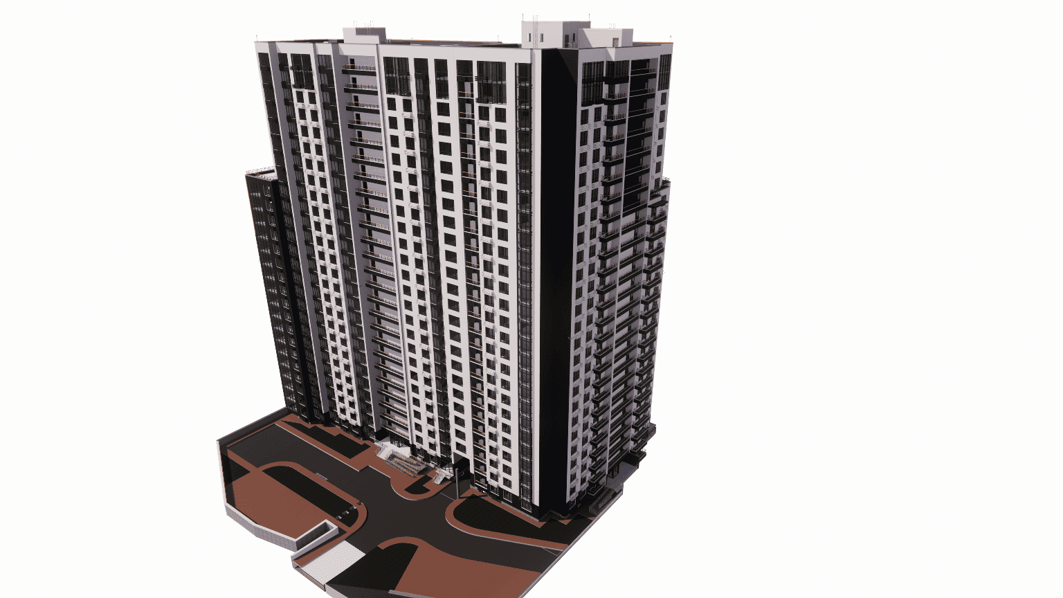 Architectural rendering of a new Building with facade in the USA, supported by fabrication drawings