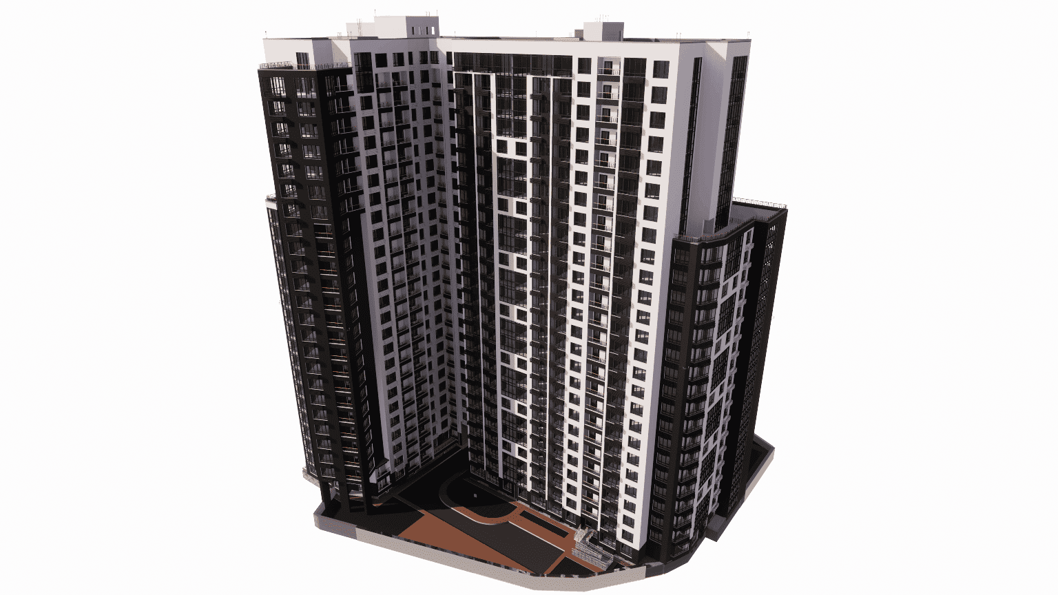 3D BIM model of a large residential complex showcasing facade design variations