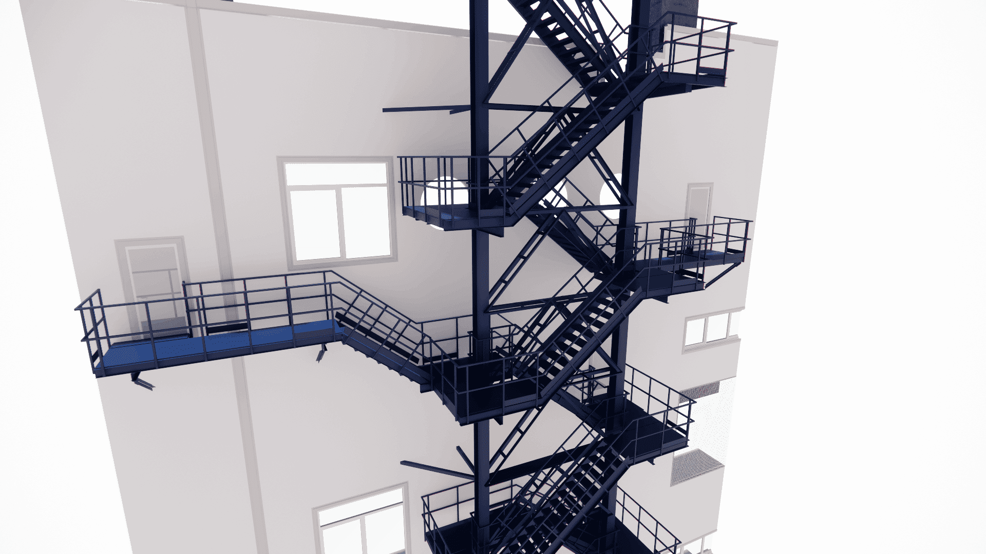 Enlarged view of external steel emergency egress staircases for industrial buildings