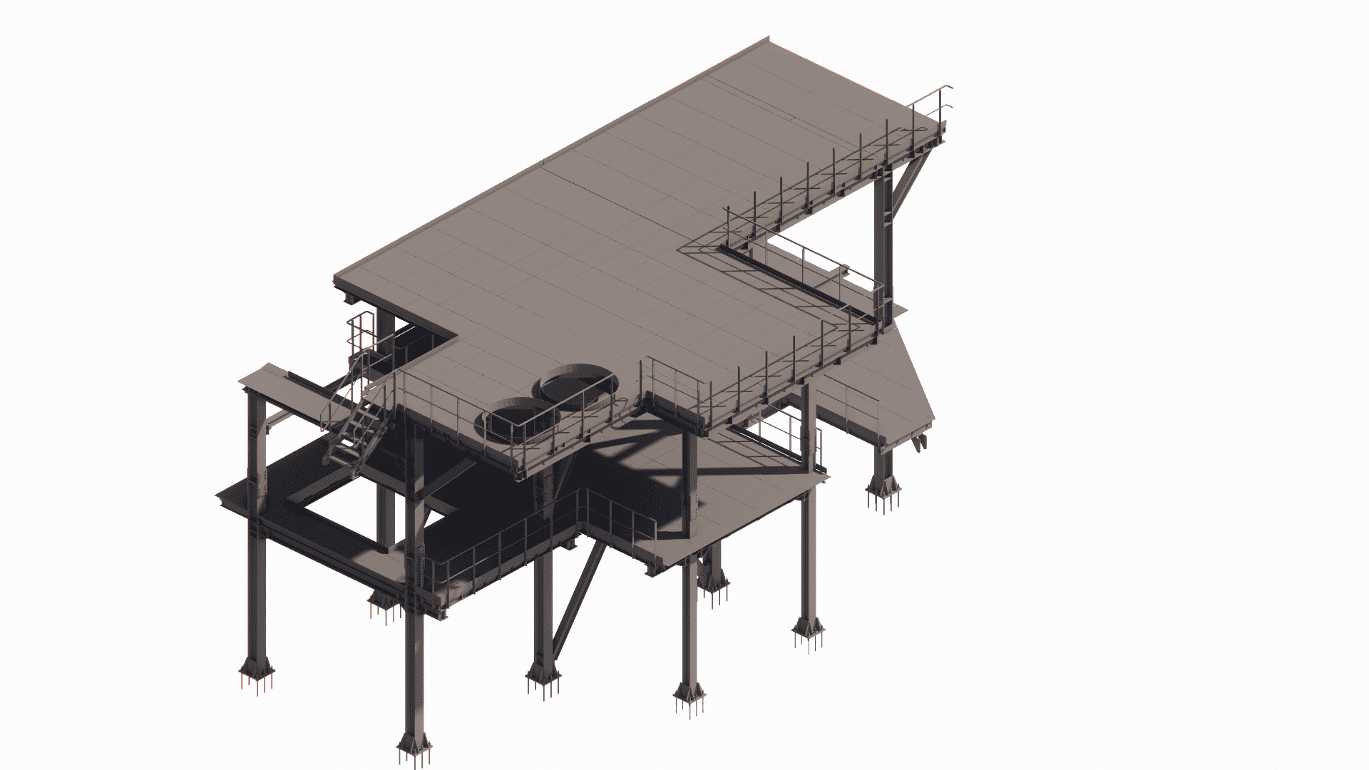 General view of a multi-level industrial steel platform model showing floor decking and safety systems