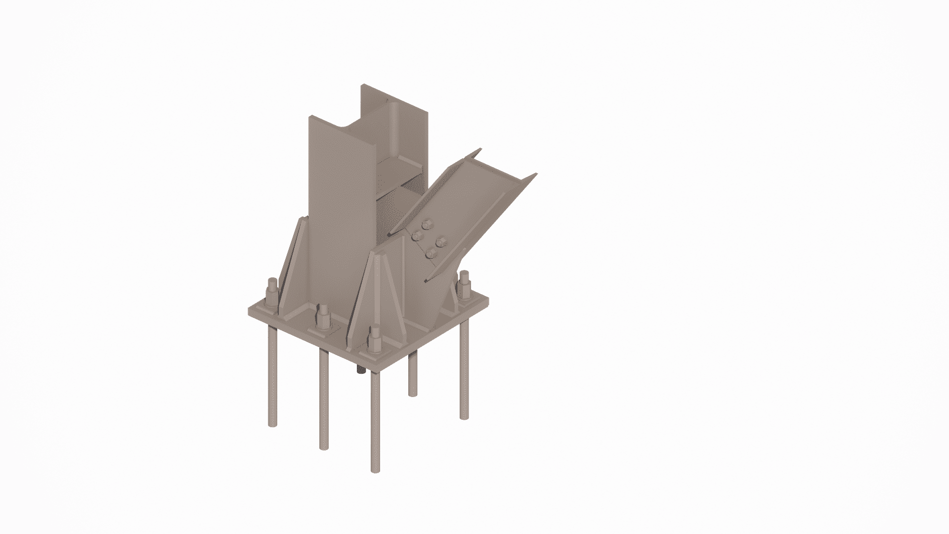 Detailed view of the column base plate, showing anchor bolt layout and leveling nuts for precise erection